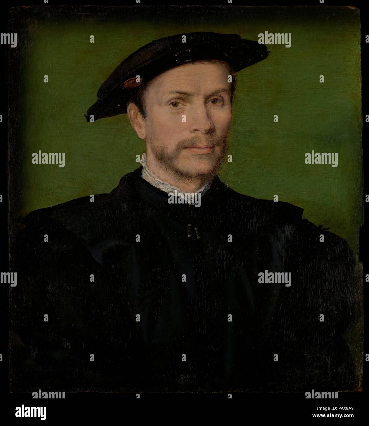 Portrait eines bärtigen Mann in Schwarz. Artist: zugeschrieben, Corneille de Lyon (Niederländischen, Den Haag, aktiv von 1533 - gestorben 1575 Lyons). Abmessungen: 6 3/4 x 6 1/4 in. (17,1 x 15,9 cm). Im achtzehnten Jahrhundert dieses außergewöhnlich gut erhaltenen Panel gehörte wahrscheinlich zu Horace Walpole, der glaubte, daß es von Holbein. Museum: Metropolitan Museum of Art, New York, USA. Stockfoto