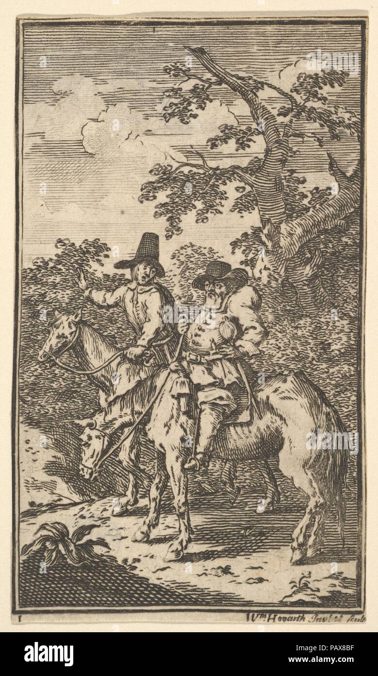 Hudibras einen Ausfall her (17 kleine Illustrationen für Samuel Butlers Hudibras, nein. 1). Künstler: William Hogarth (Briten, London 1697-1764 London). Thema: Veranschaulicht Samuel Butler (Briten, getauft Strensham, Worcestershire, 1613-1680 Covent Garden). Maße: Blatt: 4 13/16 x 2 13/16-in. (12,2 x 7,1 cm) (getrimmt). Datum: 1721-26. Museum: Metropolitan Museum of Art, New York, USA. Stockfoto