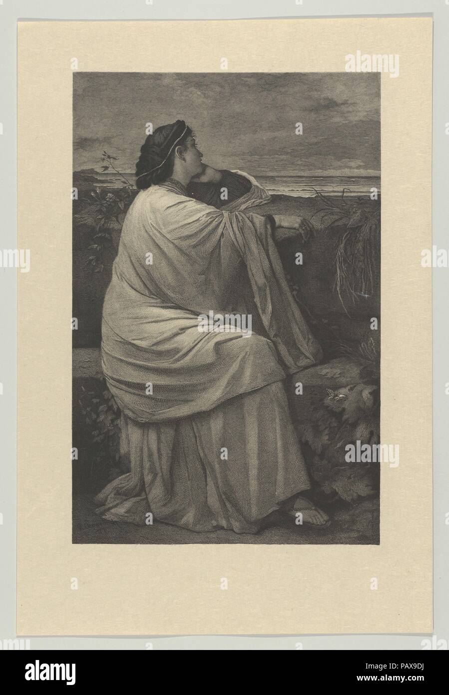 Iphigenie. Artist: Karl August Kräutle (Deutsch, Schramberg 1833-1912 Stuttgart); Nach Anselm Feuerbach (Deutsch, Speyer 1829-1880 Venedig). Abmessungen: Bild: 9 5/16 x 6 1/8 in. (23,7 × 15,5 cm) Blatt: 12 1/4 x 8 5/16 in. (31,1 × 21,1 cm). Datum: 1872. Dieser Druck wurde der Erwerb eines Gemäldes von Feuerbach von der Staatsgalerie in Stuttgart im Jahr 1872 zu markieren. Griechische legende Datensätze wie die Göttin Artemis Princess Iphigenie von opfertod an den Händen ihres Vaters Agamemnon gespeichert, dann transportiert Sie die Insel von Taurus eine Priesterin zu werden. Die führenden deutschen neoclassica Stockfoto