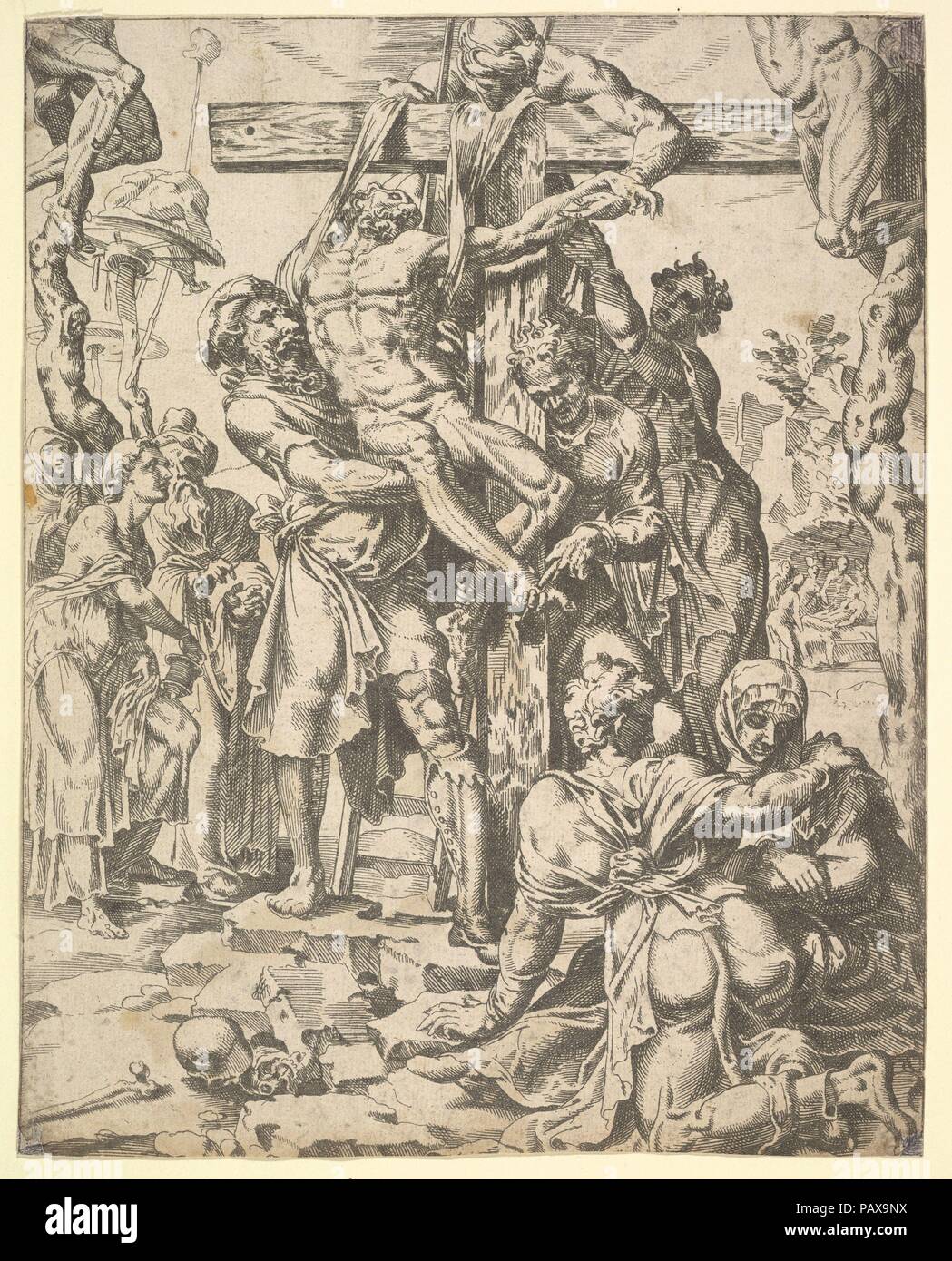 Die Kreuzabnahme, vom Fall und Heil der Menschen durch das Leben und die Passion Christi, Platte 27. Artist: Dirk Volckertsz Coornhert (Niederländischen, Amsterdam 1519/22-1590 Gouda); Nach Maarten van Heemskerck (Niederländischen, Heemskerck 1498-1574 Haarlem). Maße: Blatt: 9 9/16 x 7 5/8 in. (24,3 x 19,3 cm). Serie/Portfolio: Den Fall und die Erlösung der Menschheit durch das Leben und die Passion Christi. Datum: 1548. Museum: Metropolitan Museum of Art, New York, USA. Stockfoto