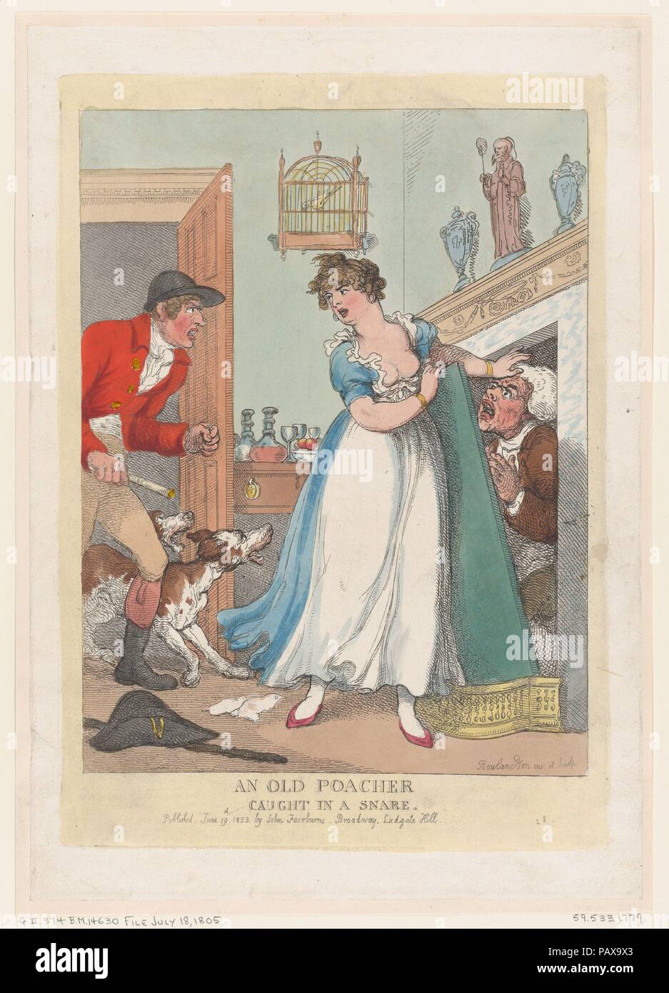 Eine alte Wilderer Gefangen in einer Schlinge. Artist: Thomas Rowlandson (Briten, London 1757-1827 London). Maße: Blatt: 15 11/16 in. × 11 in. (39,8 × 27,9 cm) Platte: 13 7/8 x 9 13/16 in. (35,2 × 25 cm). Herausgeber: John fairburn (London). Datum: Juni 19, 1823. Museum: Metropolitan Museum of Art, New York, USA. Stockfoto