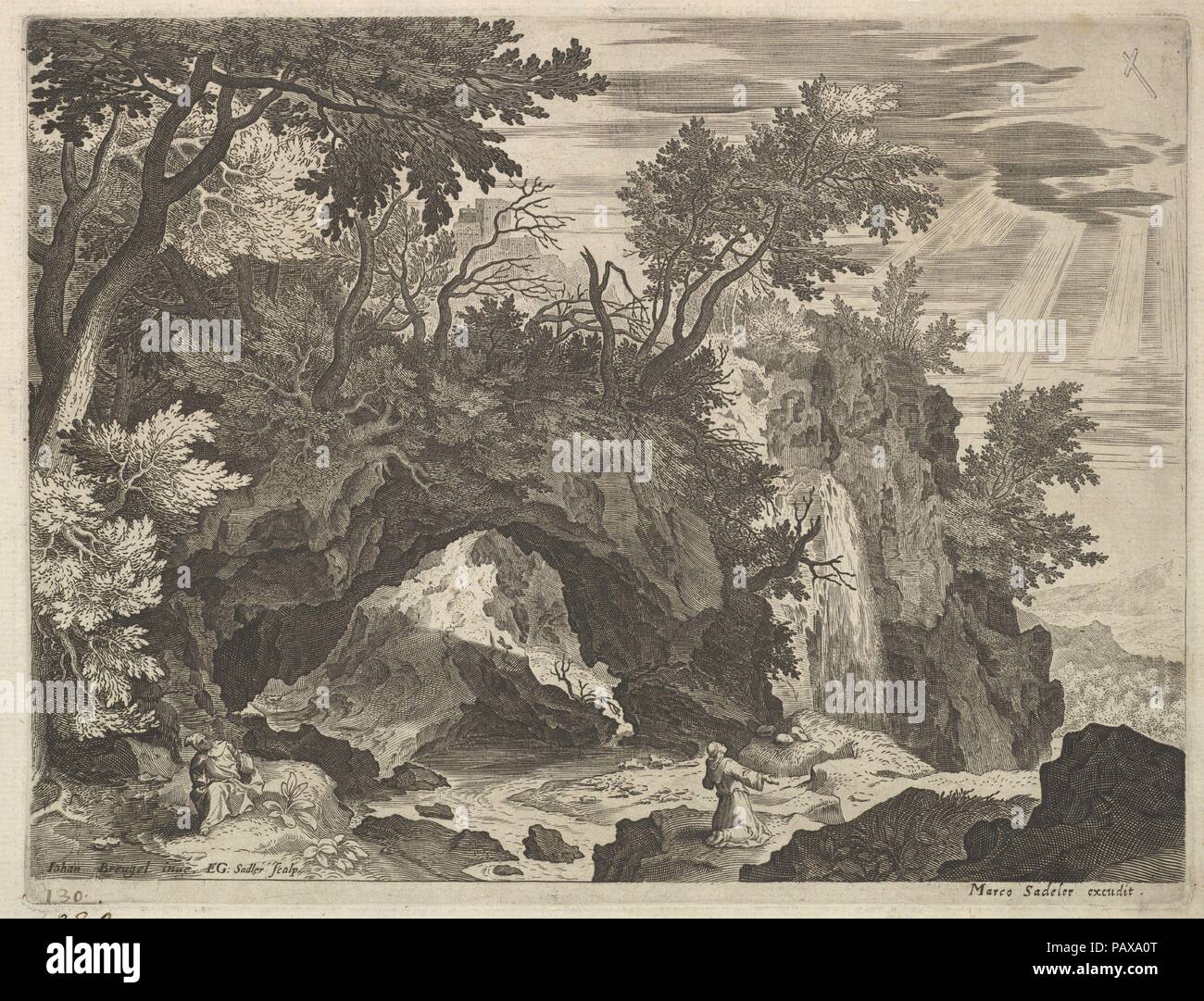 Felsige Landschaft mit St. Francis. Artist: Nach Jan Brueghel der Ältere (Niederländischen, Brüssel 1568-1625 Antwerpen); Aegidius Sadeler II (Niederländischen, Antwerpen 1568-1629 Prag). Abmessungen: Platte: 8 1/8 x 10 15/16 in. (20,7 x 27,8 cm) Blatt: 9 11/16 x 12 3/8 in. (24,6 x 31,5 cm). Herausgeber: Marcus Sadeler (Deutsch, München vor 1614 oder nach 1650). Museum: Metropolitan Museum of Art, New York, USA. Stockfoto