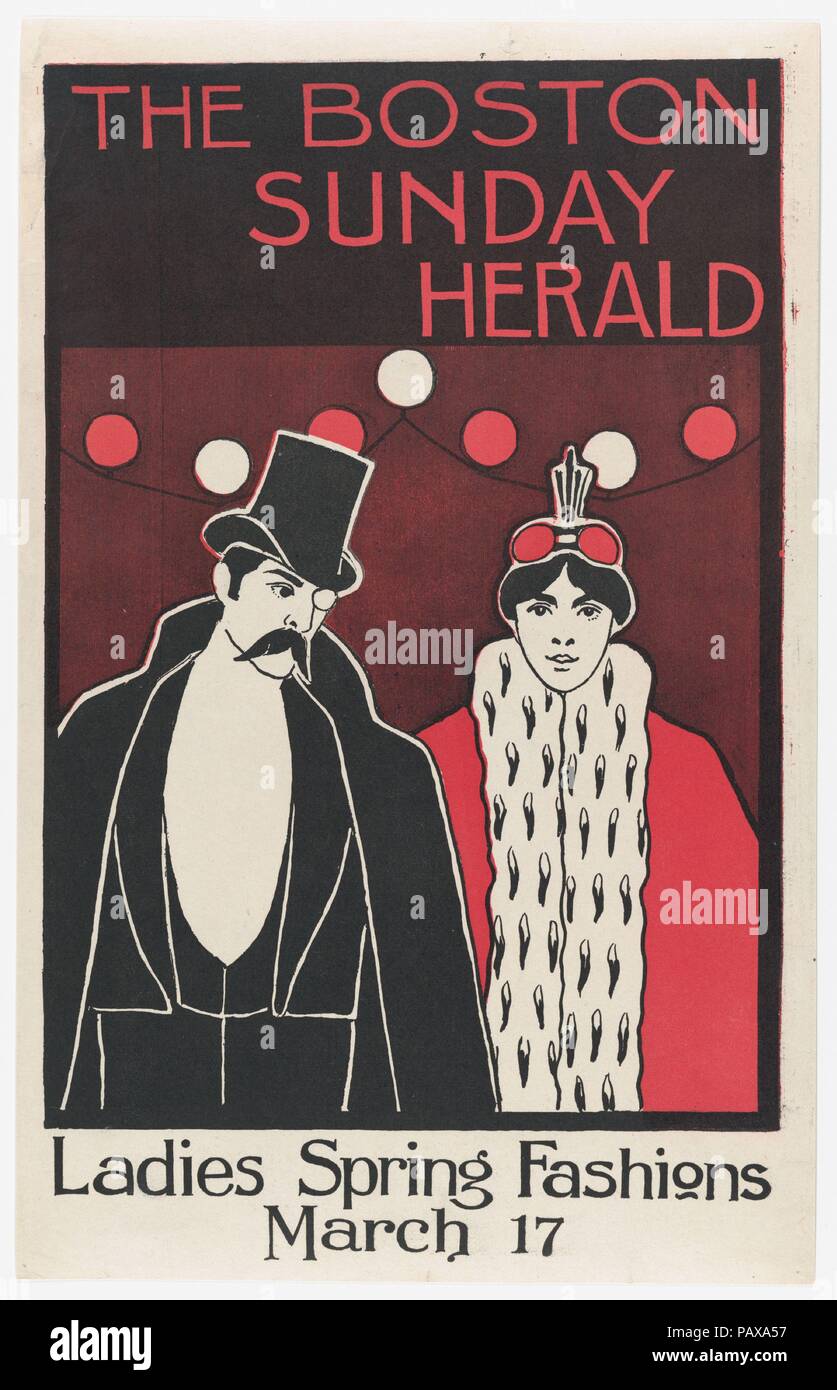 Die Boston Sunday Herald: Damen Frühjahr Moden, März 17. Künstler: William McGregor Paxton (Amerikanische, Baltimore, Maryland 1869-1941 in Boston, Massachusetts). Maße: Blatt: 19 x 12 in. (48,2 × 30,5 cm) Bild:16 1/16 x 11 1/16-in. (40,8 × 28,1 cm). Herausgeber: Boston Herald. Datum: 1895. Plakat für die Boston Sunday Herald: Damen Frühjahr Moden, März 17 [1895], mit einem männlichen schwarzen Anzug und Hut, und eine rote Frau, Robe, getragen mit einem schwarzen und weißen Schal, möglicherweise aus oder Nachahmung ermin Pelz, und ein Oberteil in rot mit schwarz-weißen Federn. Museum: Metr Stockfoto