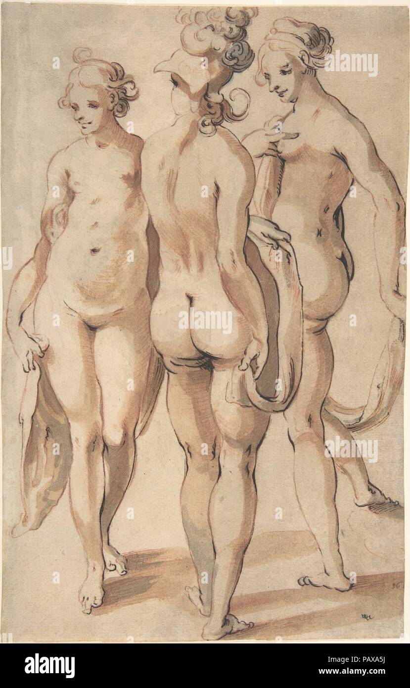 Die drei Grazien. Artist: zugeschrieben, Sebastian Schütz (Deutsche, Nürnberg (?) 1595-1631 Braunschweig). Maße: Blatt: 11 7/8 x 7 1/2 in. (30,2 x 19,1 cm). Datum: 1600-1631. Museum: Metropolitan Museum of Art, New York, USA. Stockfoto