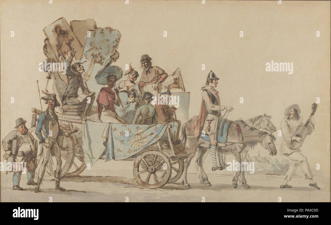 Theatralische Truppe auf der Straße. Künstler: Eugène Delacroix (Französisch, Charenton-Saint-Maurice 1798-1863 Paris). Maße: Blatt: 10 11/16 x 17 3/8 in. (27,1 × 44,2 cm). Datum: Ca. 1818. Dieses große Aquarell Karikatur zeigt die Abreise eine Truppe von der Bühne Schauspieler, Musiker, Maler, etc., ihre pferdewagen Hoch mit Bücher, Requisiten angehäuft, und Werkzeuge des Handels. Ein Gitarrist führt die Prozession, während andere auf der Rückseite, neben die Karre mit Werkzeugen und Geräten. Die niedrigen Horizont und fernen Stadt schlägt vor, dass sie sich weit von einer größeren Stadt. Die Zeichnung ist Stockfoto