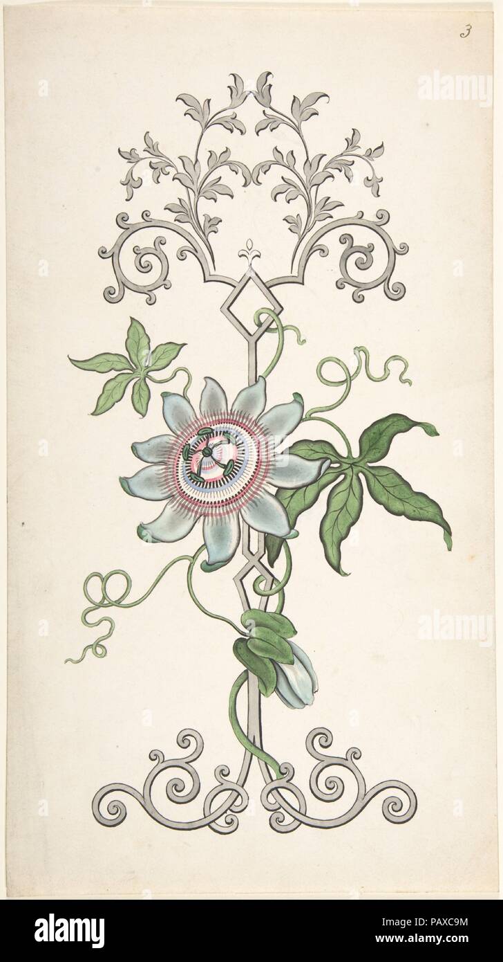Design für Panel Dekoration zentriert auf einem Passionsblume. Artist: Hulme (Briten, aktive 1828-40). Maße: Blatt: 12 x 6 5/8 in. (30,5 x 16,9 cm). Datum: 1828-40. Museum: Metropolitan Museum of Art, New York, USA. Stockfoto