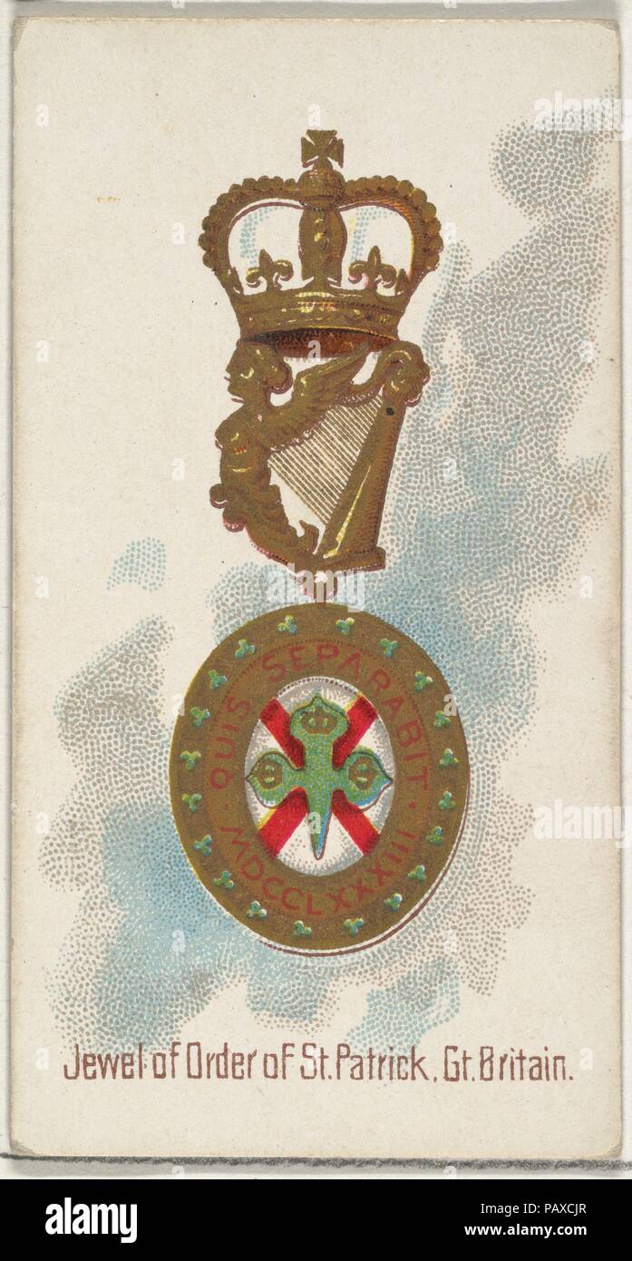 Juwel des Ordens von St. Patrick, Großbritannien, von der Welt Dekorationen Serie (N30) bei Allen&Ginter Zigaretten. Maße: Blatt: 2 3/4 x 1 1/2 in. (7 x 3,8 cm). Lithograph: Lindner, Eddy & Claus (American, New York). Herausgeber: Allen&Ginter (Amerikanische, Richmond, Virginia). Datum: 1890. Handel Karten aus dem 'World's Dekorationen'-Reihe (N30), im Jahre 1890 in einer Reihe von 50 ausgestellten Karten Allen&Ginter Marke Zigaretten zu fördern. Museum: Metropolitan Museum of Art, New York, USA. Stockfoto