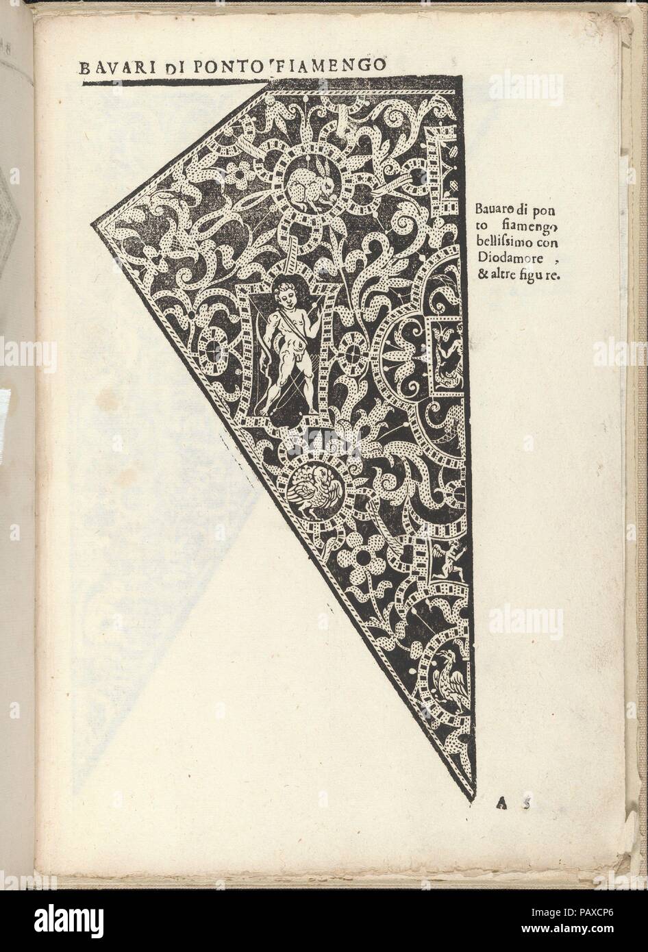 Ornamento Nobile... Fatta da Lucretia Romana (Libro V des Corona), Seite 5 (Vorderseite). Autor: Cesare Vecellio (Italienisch, Pieve di Cadore 1521-1601 Venedig). Abmessungen: Insgesamt: 12 3/16 x 8 1/4 in. (31 x 21 cm). Herausgeber: Alessandro De' Vecchi (Italienisch, aktive Venedig, 1570-1629). Datum: 1620. Von Cesare Vecellio, Italienisch, Pieve di Cadore 1521-1601 Venedig, veröffentlicht von Alessandro De' Vecchi geschrieben. Von oben nach unten und von links nach rechts: Design bildet dreieckige Form und ist mit verschiedenen Blumen und Laub Elemente, Tiere eingerichtet, und der Gott der Liebe in der Mitte eines rechteckigen Rahmen. Muse Stockfoto