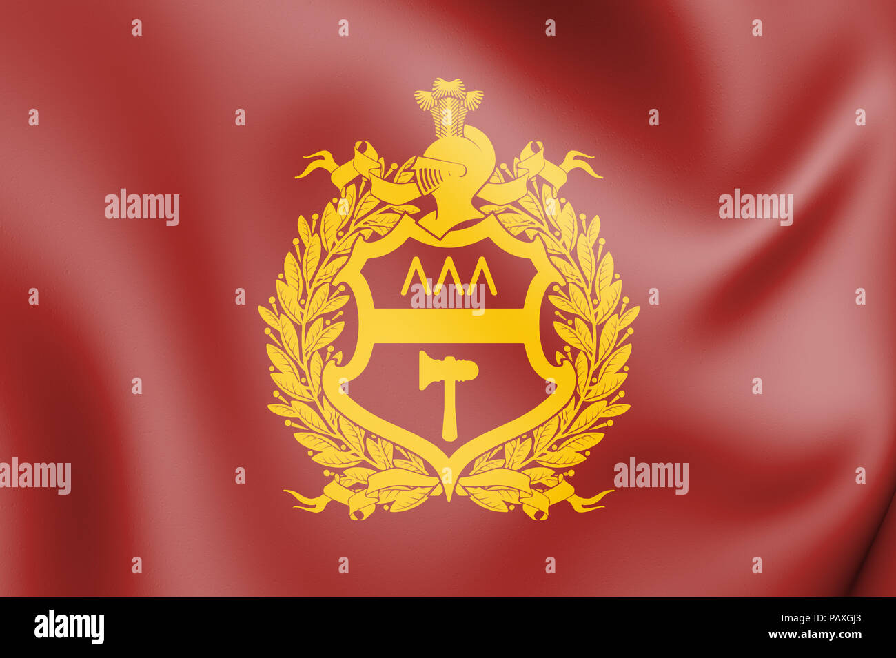 3D Flagge von Nischni Tagil (Swerdlowsk), Russland. 3D Illustration. Stockfoto
