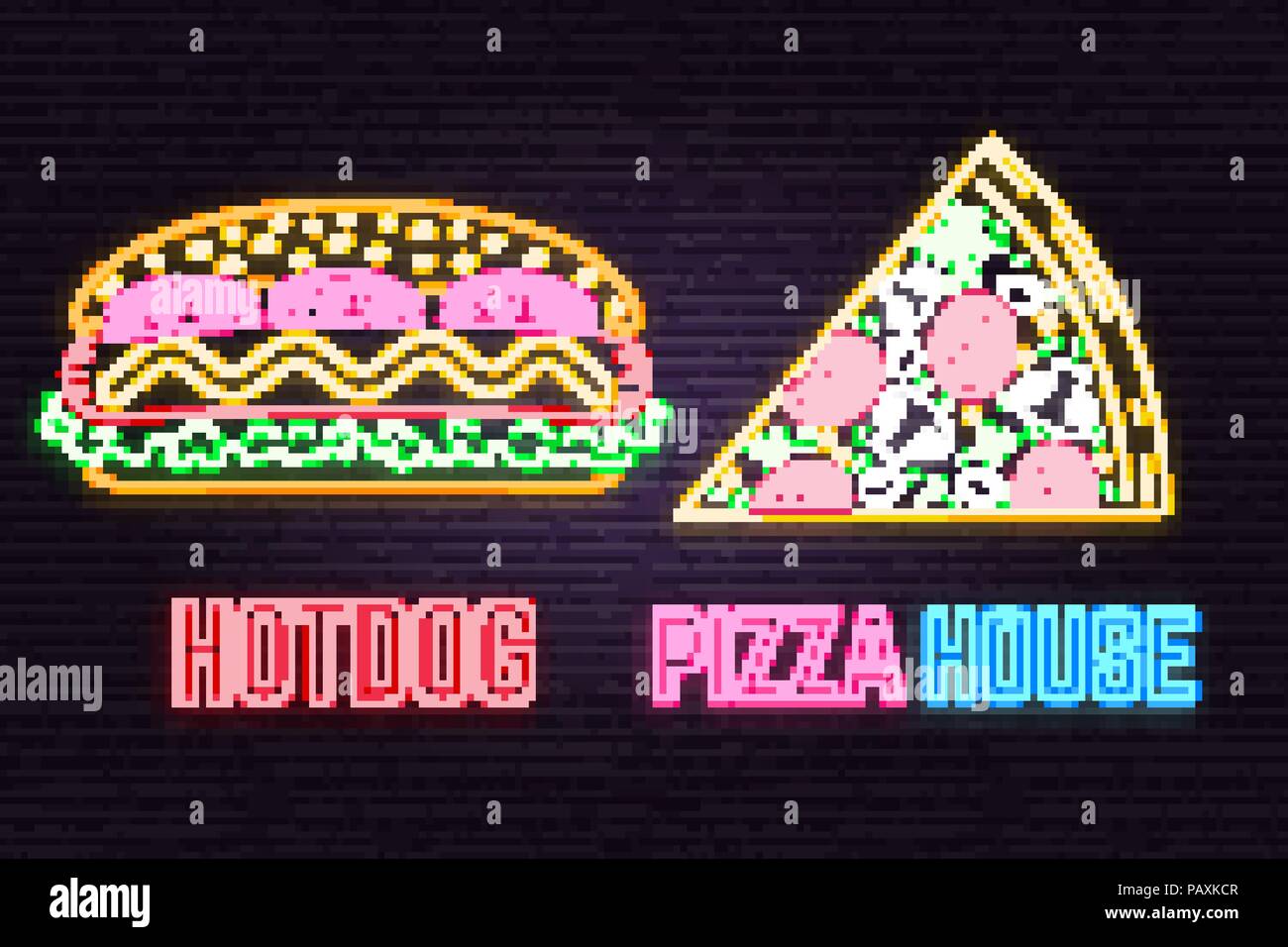 Retro neon Hot Dog und Pizza Zeichen auf Stein Wand Hintergrund. Design für Cafe, Restaurant. Vektor. Neon Design für Shop, Bar, Pub oder fast food business. Licht hot dog und Pizza Anmelden Banner. Gläschen. Stock Vektor