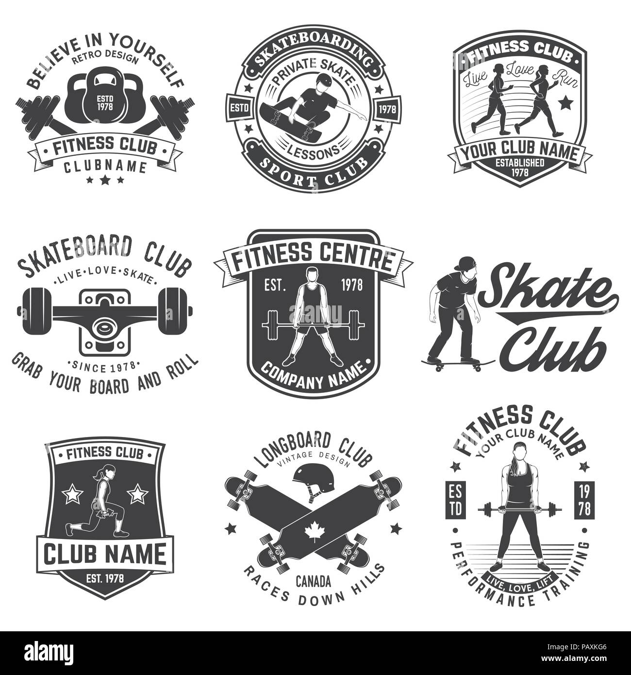 Satz von Fitness- und Skate Board club Konzept mit Mädchen, Übung und Skateboarder Silhouette. Vektor Fitness und skateboarding Club retro Abzeichen. Für gym Schilder, Embleme und andere Business Stock Vektor