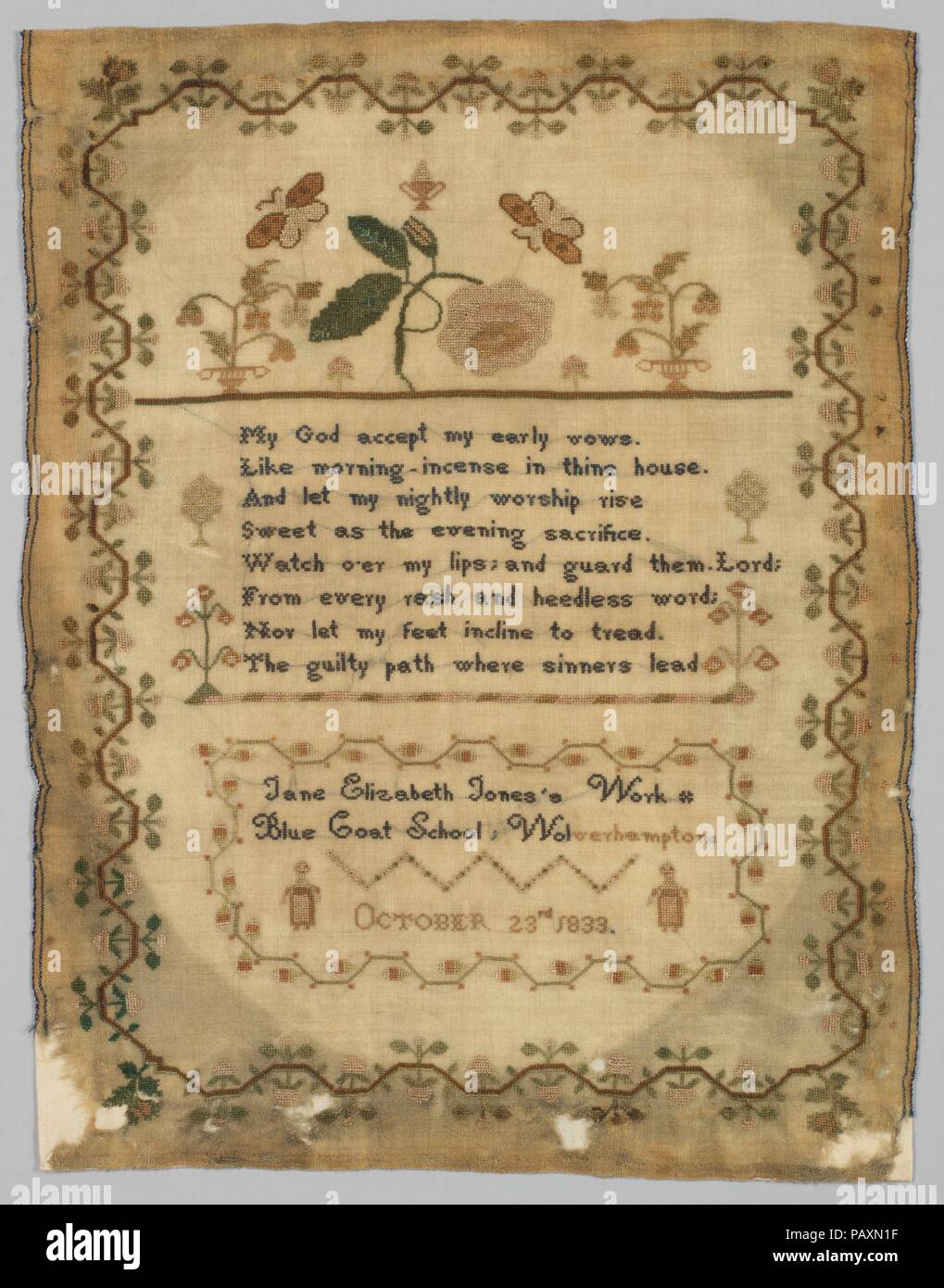 Sampler. Kultur: Britische. Abmessungen: H 16 cm x W 12 3/4 Zoll (41,9 x 32,4 cm). Datum: 1833. Museum: Metropolitan Museum of Art, New York, USA. Stockfoto