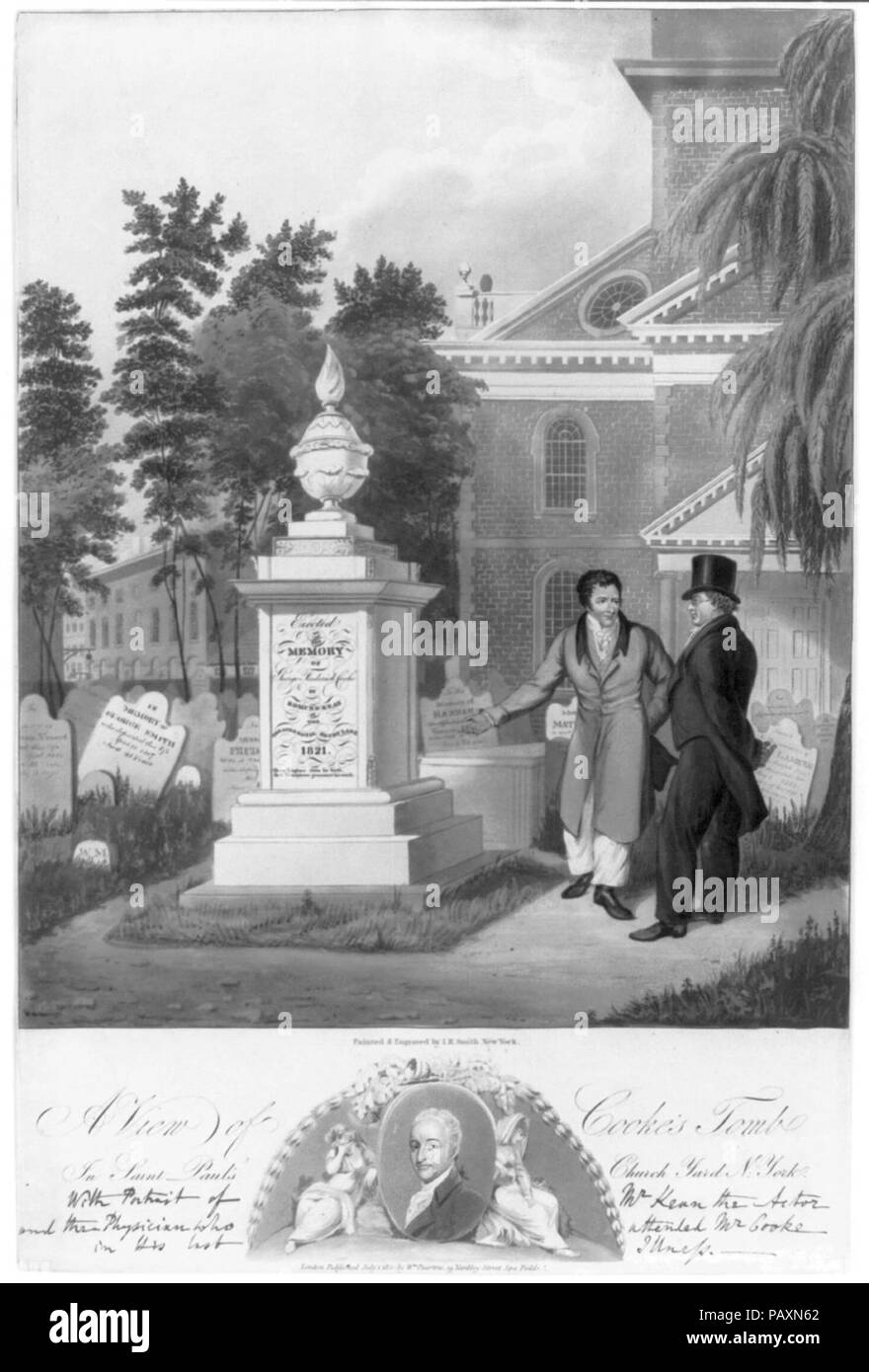 Ein Blick auf Cooke's Grab in St. Paul's Church Yard, New York - gemalt und von I.R. Smith, New York eingraviert. Stockfoto