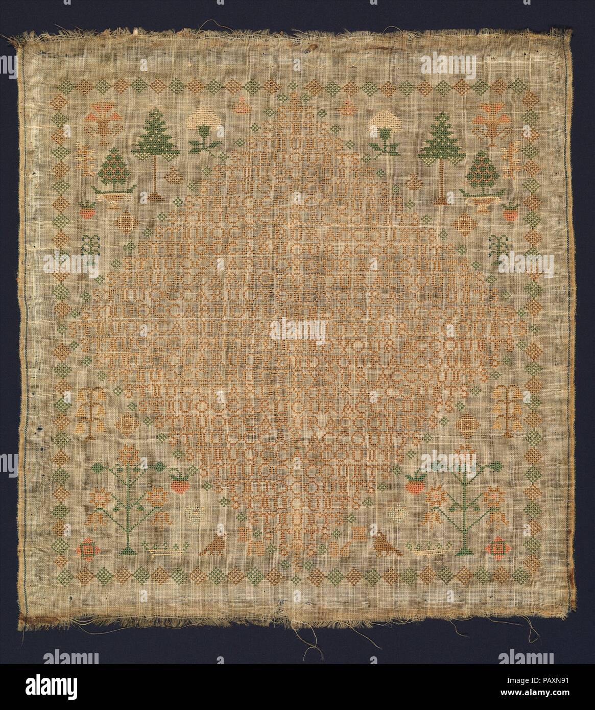 Sampler mit Ende ist ein Akrostichon lesen Sie Ihre Konten'. Kultur: Britische. Abmessungen: H. 13 7/8x W. 13 3/8 Zoll (35,2 x 34 cm). Datum: 1836. Diese ungewöhnliche Sampler vorausgesetzt, die mit der Gelegenheit, ihr Geschick an Schriftzug in Kreuzstich zu praktizieren, wenn auch mit einer begrenzten Anzahl von alphabetischen Zeichen. Aber der Grund für die Wahl eines acrostic Puzzles, und am Ende der Phrase ihre Konten" unbekannt ist. Museum: Metropolitan Museum of Art, New York, USA. Stockfoto