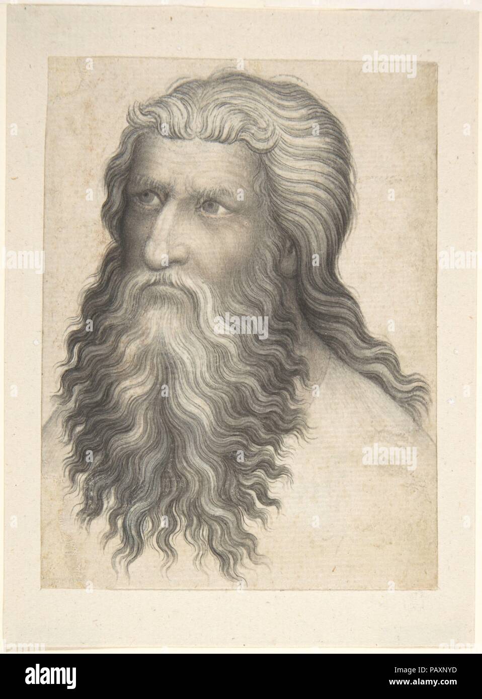 Kopf eines bärtigen Mannes. Artist: Anonyme, Böhmische, aus dem 14. Jahrhundert. Maße: Blatt: 4 7/16 x 3 3/8 in. (11,3 x 8,5 cm). Datum: 1360-80. Wenigen mittelalterlichen Zeichnungen überleben. Diese sehr raffiniert und ungewöhnlich gut erhaltene Studie wurde wahrscheinlich von einem Künstler in den unmittelbaren Kreis der dem Gericht des Heiligen Römischen Kaiser, Karl IV (r. 1355-78) in Prag. Das Blatt war wahrscheinlich als Exemplar in einem modelbook statt als Vorstudie für eine bestimmte Arbeit gemacht. Der bärtige Mann mit einer Absicht Blick und portraitlike Anwesenheit erinnert an einen biblischen Patriarchen, Propheten und Apostel. Die sorgfältige Artis Stockfoto