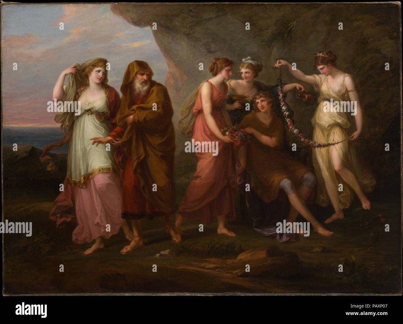 Telemachus und die Nymphen der Calypso. Künstler: Angelica Kauffmann (Schweiz, Chur 1741-1807 Rom). Abmessungen: 32 1/2 x 44 1/4 in. (82,6 x 112,4 cm). Datum: 1782. Angelica Kauffmann wurde in der Schweiz geboren, aber Ihr Ruf in Italien und England, wo Sie war Gründungsmitglied der Royal Academy. In Rom Sie besucht die anspruchsvollen intellektuellen Kreis von Winckelmann und Mengs. Diese Bilder wurden gemalt für Monsignore Onorato Caetani kurz nach Kauffmann siedelten sich in Rom, im Jahr 1782. Die Themen sind von fénelon's Romantik Télémaque, erstmals im Jahre 1699 veröffentlicht. In einem Bild Telem Stockfoto Telemachus und die Nymphen der Calypso. Künstler: Angelica Kauffmann (Schweiz, Chur 1741-1807 Rom). Abmessungen: 32 1/2 x 44 1/4 in. (82,6 x 112,4 cm). Datum: 1782. Angelica Kauffmann wurde in der Schweiz geboren, aber Ihr Ruf in Italien und England, wo Sie war Gründungsmitglied der Royal Academy. In Rom Sie besucht die anspruchsvollen intellektuellen Kreis von Winckelmann und Mengs. Diese Bilder wurden gemalt für Monsignore Onorato Caetani kurz nach Kauffmann siedelten sich in Rom, im Jahr 1782. Die Themen sind von fénelon's Romantik Télémaque, erstmals im Jahre 1699 veröffentlicht. In einem Bild Telem Stockfoto