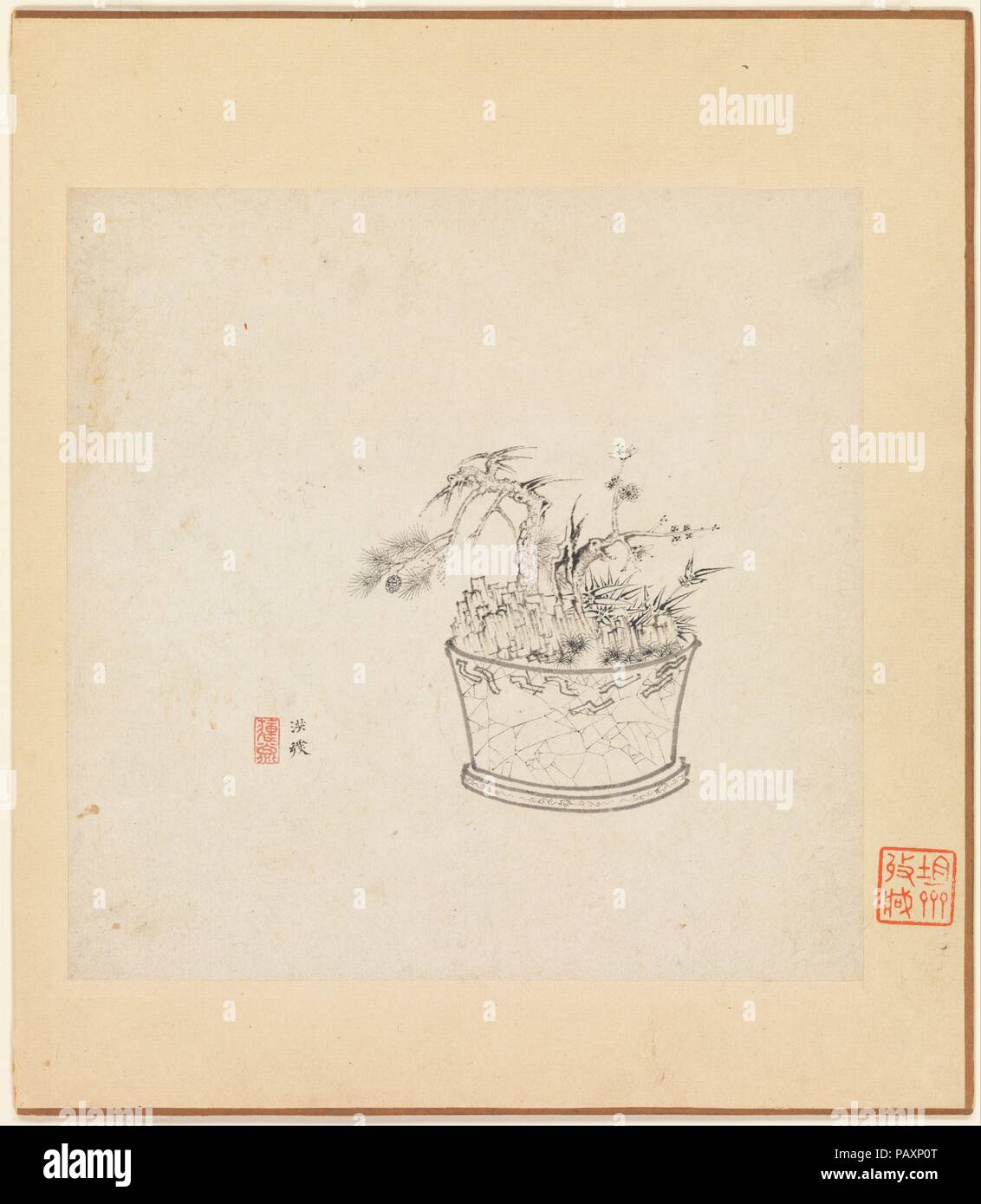 Verschiedene Studien. Artist: Chen Hongshou (Chinesisch, 1598-1652). Kultur: China. Abmessungen: Bild (jedes Blatt): 7 x 7 in. (17,8 x 17,8 cm). Datum: ein Blatt vom 1619. Dieses Album spielt mit dem Thema der Realität versus Illusion. Der Mond wird in ein Wasserbecken wider, eine Blume neben dem Bild in einem Spiegel, und ein Schmetterling ist zu den Chrysanthemen auf einer Seide Fan malte angezogen. Chen betonte die mehrere Ebenen seiner Künstlichkeit auf diesem Album Leaf durch seine Unterschrift in der Zusammensetzung der Ventilator Malerei und durch das Screening ein Flügel des Schmetterlings mit dem Ventilator, um uns zu zwingen, Stockfoto