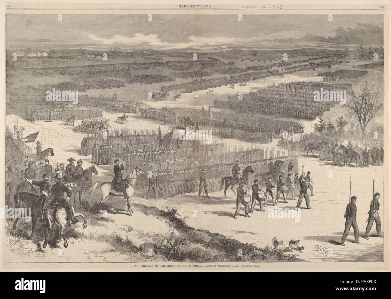 Grand Überprüfung der Armee des Potomac - Gezeichnet von Herrn Thomas Nast (aus Harper's Weekly). Artist: Thomas Nast (Amerikanische (Deutschland) geboren, Landau 1840-1902 Guayaquil). Maße: Blatt: 14 1/2 x 21 1/16-in. (36,9 × 53,5 cm). Herausgeber: Harper's Weekly (American, 1857-1916). Datum: 10. Oktober 1863. Im Herbst 1863, die Armee des Potomac versammelt außerhalb Washington und bereit, nach Süden zu verschieben. Dieses Bild, entworfen von Nast und in Harper's Weekly Mitte Oktober, wurde Northern Leser hearten. Eine riesige militärische array Linien bis zum März vergangenen General George Meade und andere Unio Stockfoto