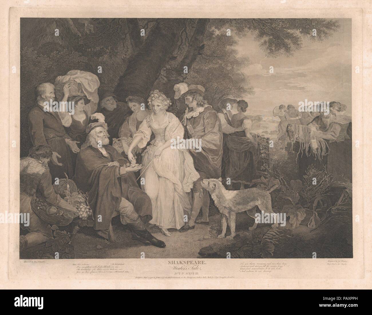 Florizel, Perdita, usw. in Kinderbett des Hirten (Shakespeare, Winter's Tale, Akt 4, Szene 3). Artist: Nach Francis Wheatley (Briten, London 1747-1801 London). Abmessungen: Platte: 19 x 25 3/16 in. (48,2 × 64 cm): 20 5/8 x 26 5/8 in. (52,4 × 67,7 cm). Engraver: James Fittler (Briten, London 1758-1835 Middlesex). Herausgeber: John & Josiah Boydell (British, 1786-1804). Serie/Portfolio: Boydell Shakespeare's Galerie. Betrifft: William Shakespeare (Britisch, Stratford-upon-Avon 1564-1616 Stratford-upon-Avon). Datum: 1792. Museum: Metropolitan Museum of Art, New York, USA. Stockfoto