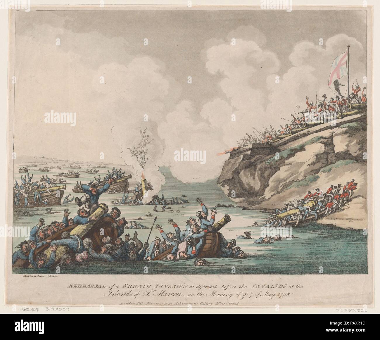 Probe von einem französischen Invasion als durchgeführt wird, bevor die Invaliden bei der Inseln St. Marcou am Morgen des 7. Mai 1798. Artist: Thomas Rowlandson (Briten, London 1757-1827 London). Maße: Blatt: 11 15/16 x 14 3/4 in. (30,4 × 37,4 cm). Herausgeber: Rudolph Ackermann, London (1794-1829). Serie/Portfolio: Loyal Freiwillige. Datum: 18.Mai 1798. Museum: Metropolitan Museum of Art, New York, USA. Stockfoto