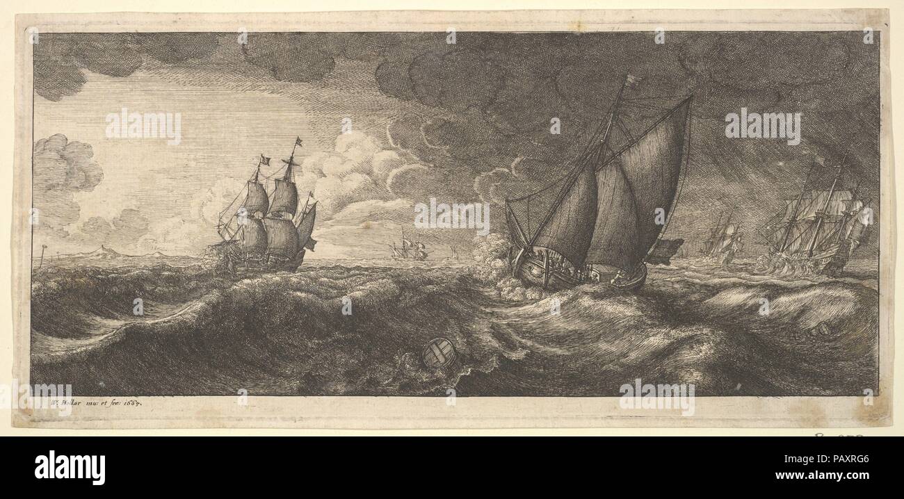 Eine Yacht und drei Kriegsschiffe in einem Sturm. Artist: Wenzel Hollar (Böhmische, Prag 1607-1677 London). Abmessungen: Platte: 5 x 11 in. (12,7 × 28 cm) Blatt: 5 1/4 x 11 1/16-in. (13,4 × 28,1 cm). Serie/Portfolio: Meer der Stürme 4 Platten. Datum: 1665. Eine Yacht durch die Wellen der stürmischen See im Vordergrund warf am Recht, Kriegsschiffe auf beiden Seiten hinter, fass Floating im Vordergrund. Museum: Metropolitan Museum of Art, New York, USA. Stockfoto