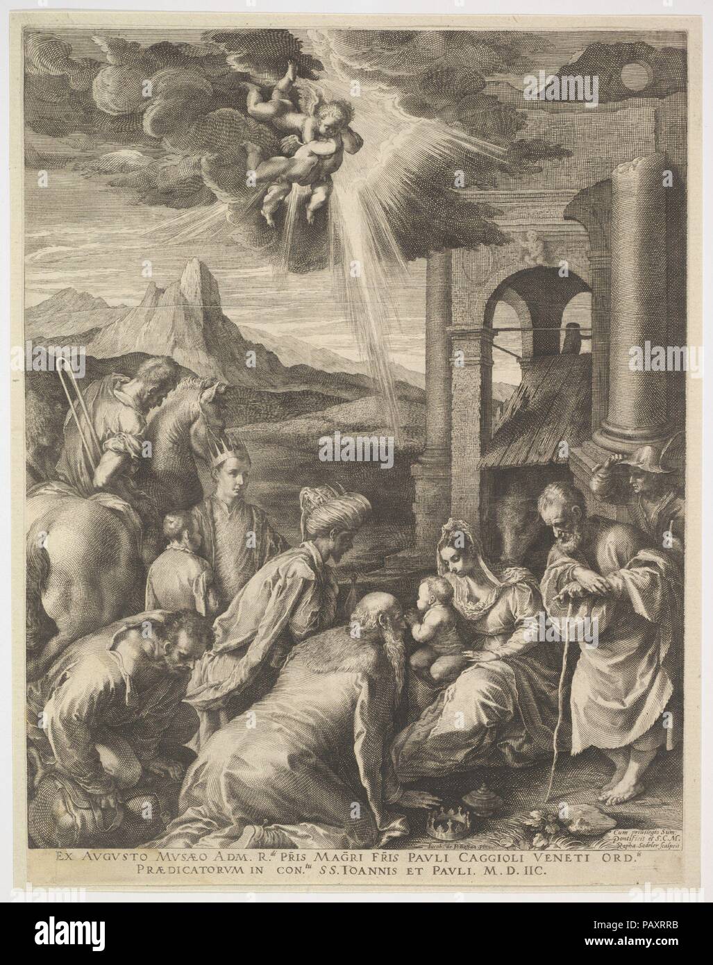 Anbetung der Heiligen Drei Könige. Artist: Raphael Sadeler (Niederländischen, Antwerpen 1560-1628 Venedig (?)); Nach Jacopo Bassano (Jacopo da Ponte) (Italienisch, Bassano del Grappa Ca. 1510-1592 Bassano del Grappa). Maße: Blatt: 10 5/8 x 8 1/4 in. (27 x 20,9 cm) Berg: 10 13/16 x 8 9/16-in. (27,5 x 21,7 cm). Datum: 1598. Museum: Metropolitan Museum of Art, New York, USA. Stockfoto