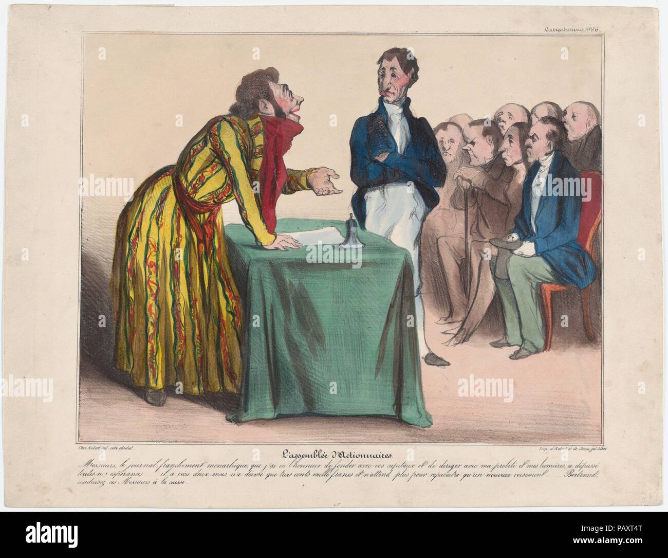 Platte 6: Aktionäre', von 'Caricaturana", in Les Robert Macaires veröffentlicht. Artist: Honoré Daumier (Französisch, Marseille 1808-1879 Valmondois). Autor: Charles Philipon (Französisch, Lyons 1800-1862 Paris). Abmessungen: Bild: 8 9/16 x 10 7/8 in. (21,7 × 27,7 cm) Blatt: 10 9/16 × 13 11/16 in. (26,8 × 34,8 cm). Drucker: Aubert et Cie; Junca. Serie/Portfolio: 'Caricaturana'. Datum: 1838. Herren, die monarchistische Zeitung, die ich die Ehre hatte, Gründung mit Hilfe ihres Kapitals und meine Fähigkeiten meine kühnsten Erwartungen und Hoffnungen übertroffen... es zwei Monate lebte, nur drei verschlungen Stockfoto