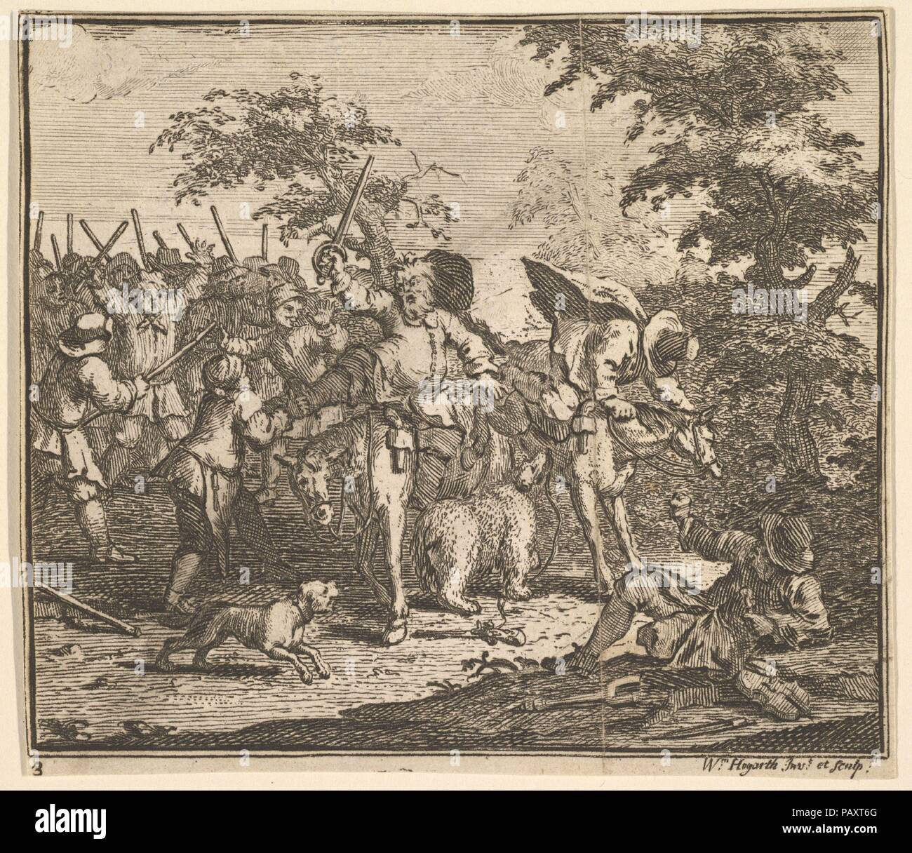 Die Begegnung mit Talgol und Magnano (17 kleine Illustrationen für Samuel Butlers Hudibras, nein. 3). Künstler: William Hogarth (Briten, London 1697-1764 London). Thema: Veranschaulicht Samuel Butler (Briten, getauft Strensham, Worcestershire, 1613-1680 Covent Garden). Maße: Blatt: 4 7/16 x 4 15/16 in. (11,2 x 12,6 cm) (getrimmt). Datum: 1721-26. Museum: Metropolitan Museum of Art, New York, USA. Stockfoto