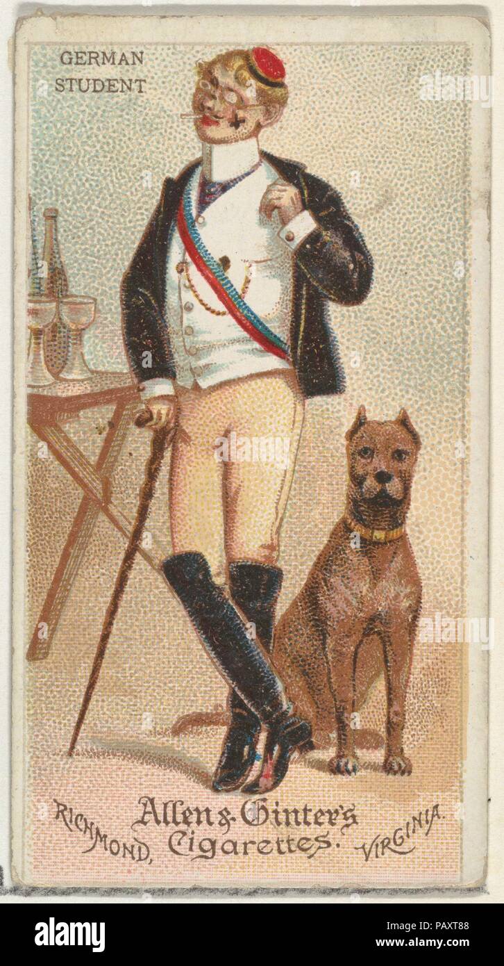 Deutsche Studentin, von der Welt Dudes Serie (N31) für Allen & Ginter Zigaretten. Maße: Blatt: 2 3/4 x 1 1/2 in. (7 x 3,8 cm). Herausgeber: Allen&Ginter (Amerikanische, Richmond, Virginia). Datum: 1888. Handel Karten aus dem 'World's Dudes'-Reihe (N31), im Jahre 1888 in einer Reihe von 50 ausgestellten Karten Allen&Ginter Marke Zigaretten zu fördern. Museum: Metropolitan Museum of Art, New York, USA. Stockfoto