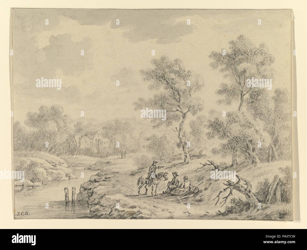 Landschaft mit Reiter sprechen, Sitzen zu zahlen. Artist: Johann Christoph Dietzsch (Deutsch, Nürnberg 1710-1768 Nürnberg). Maße: Blatt: 5 11/16 x 7 7/16 in. (14,4 x 18,9 cm). Datum: 1730-68. Museum: Metropolitan Museum of Art, New York, USA. Stockfoto