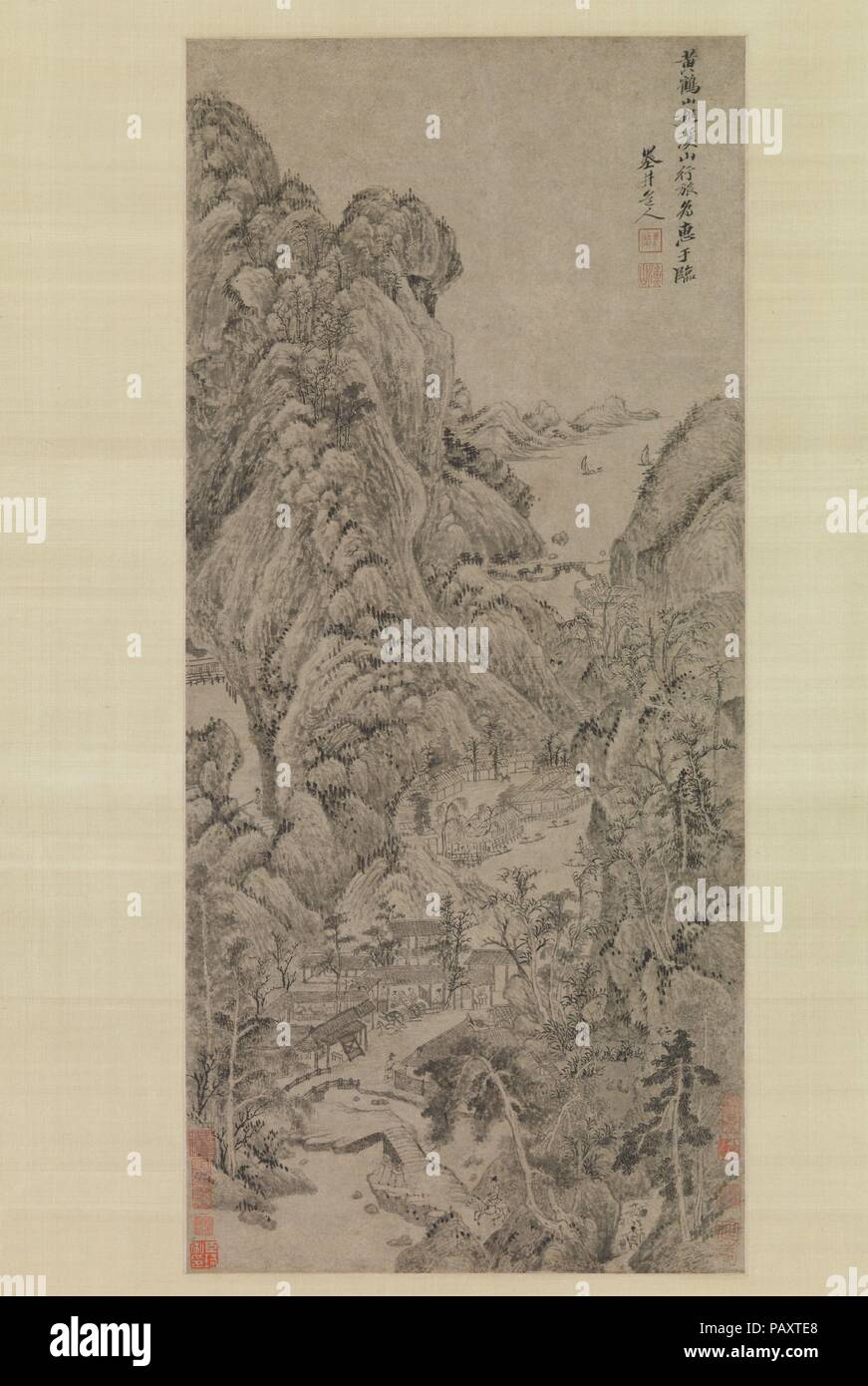 Reisende unter Flüsse und Bäche sowie Berge. Artist: Wu Li (Chinesisch, 1632-1718). Kultur: China. Abmessungen: Bild: 23 1/4 x 10 5/8 in. (59,1 x 27 cm) Insgesamt mit Montage: 73 1/2 x 18 in. (186,7 x 45,7 cm) Insgesamt mit den Knöpfen: 73 1/2 x 21 1/4 in. (186,7 x 54 cm). Datum: Vermutlich 1670 s. Wu Li, einer der sechs großen orthodoxen Schule Meister der frühen Qing, begann sein Studium der alten Gemälde mit einem Album im Besitz der ehrwürdigen Orthodoxen Maler Wang Shimin (1592-1680). Das Album mit dem Titel In kleinen Siehe Große (Xiaozhong xianda), enthielten Kopien von Songs und Yuan Meisterwerke von Wa Besitz reduziert Stockfoto