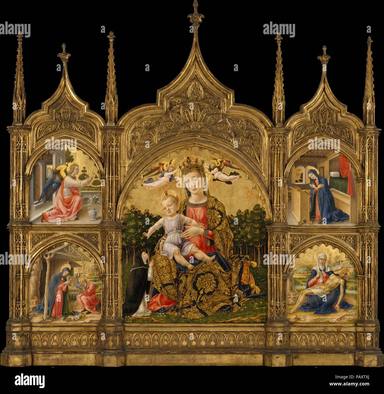 Die Madonna der Demut, die Verkündigung, die Geburt und die Pietà. Artist: Bartolomeo Vivarini (Italienisch, aktive Venedig 1450-91). Abmessungen: Zentrale Panel, Insgesamt 23 x 18 in. (58,4 x 45,7 cm); links Panel, insgesamt 22 3/8 x 9 1/2 in. (56,8 x 24,1 cm); rechts, insgesamt 22 1/4 x 9 3/8 in. (56,5 x 23,8 cm);. Datum: Ca. 1465. Die vivarini waren eine Familie von venezianischen Malern, deren produktiver Workshop in großen multi-tiered Altarbilder für Kirchen in der Region Venetien. Diese relativ kleine Triptychon war wahrscheinlich für private Frömmigkeit bestimmt. Die knienden Nonne, gekleidet wie ein Mem Stockfoto