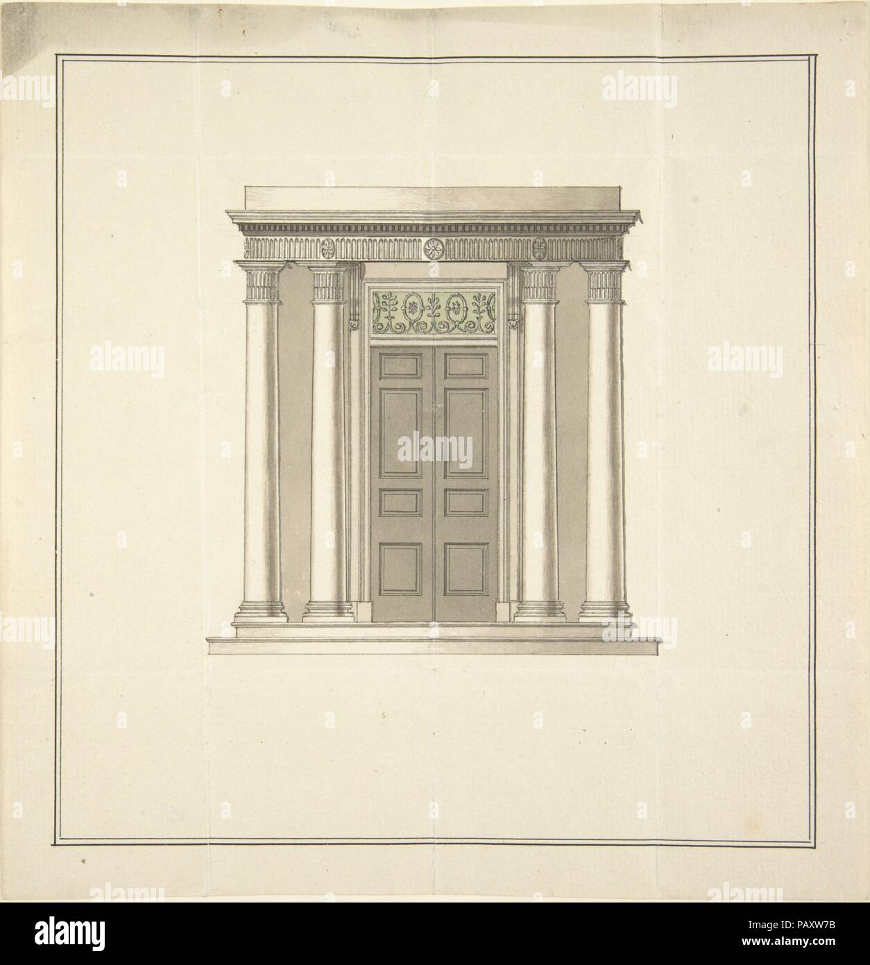 Design für eine Tür mit einem Portikus im klassischen Stil. Artist: Anonyme, Briten, 18. Maße: Blatt: 7 1/2 x 7 3/8 in. (19,1 x 18,7 cm). Datum: 18. Museum: Metropolitan Museum of Art, New York, USA. Stockfoto