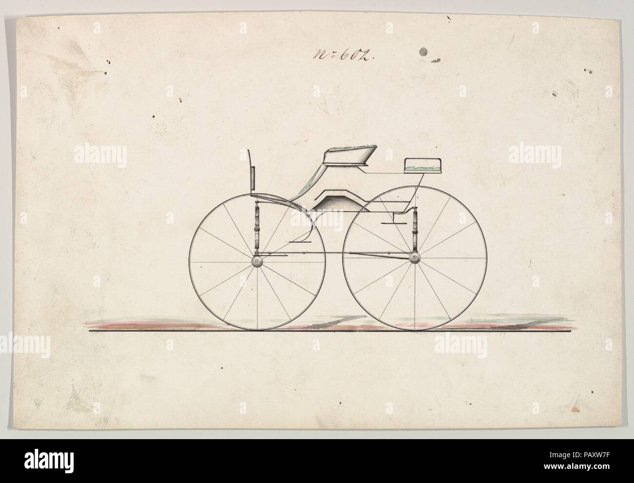 Design für Wagen, nein. 602. Maße: Blatt: 6 1/16 x 8 13/16-in. (15,4 x 22,4 cm). Hersteller: Brewster & Co (American, New York). Datum: Ca. 1860. Brewster & Unternehmen Geschichte Gegründet 1810 von James Brewster (1788-1866) in New Haven, Connecticut, Brewster&Company, bei der Herstellung von feinen Wagen spezialisiert. Der Gründer eröffnet Showroom in New York 1827 am 53-54 Broad Street, und das Unternehmen unter Generationen der Familie Führung blühte. Expansion erforderte bewegt sich rund um Manhattan, mit Namen Änderungen betreffen, die die Schichten von Management - James Brewster & Söhne betrieben ein Stockfoto