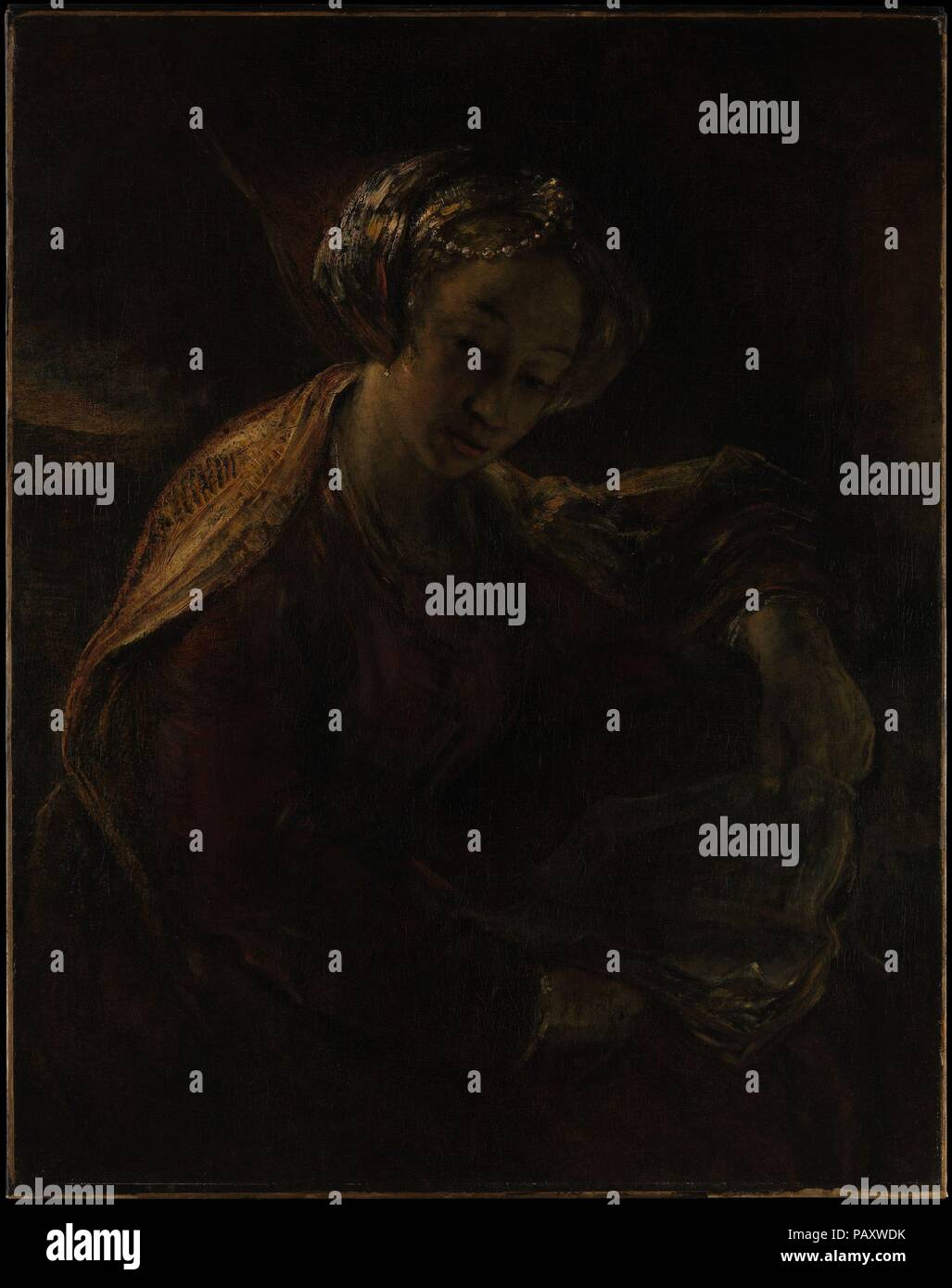 Die guernica. Artist: Willem Drost (Niederländisch, Amsterdam 1633-1659 Venedig). Abmessungen: 38 1/2 x 30 3/4 in. (97,8 x 78,1 cm). Datum: Ca. 1654. Auch wenn einmal ein bekannter Rembrandt, gibt es jetzt einen starken Konsens darüber, dass diese Leinwand wurde 1654-55 durch seinen Schüler gemalt, Willem Drost (1633-1659). Die weibliche Art, die Zeichnung der Gesichtszüge, und der malerischen Ausführung der Kostüm sind charakteristisch für Drost. Das Thema (das ist selten in Nordeuropa) und Zusammensetzung durch eine aktuelle italienische Beispiel inspiriert worden zu sein wie Domenichino <i> Cumaean Sibyl</i> von 1616-17 in der Galleria Stockfoto