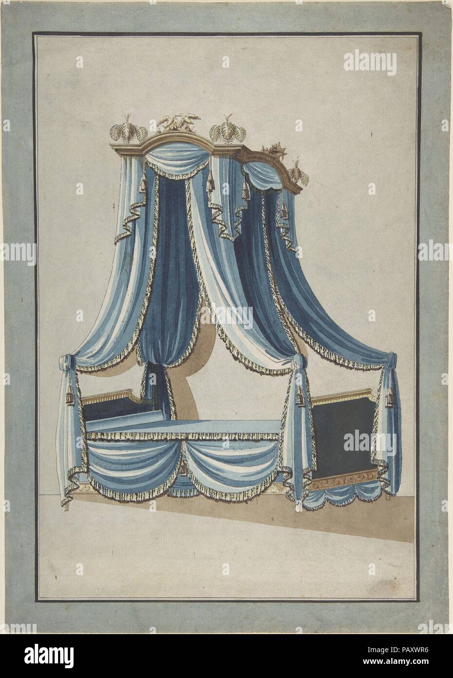 Design für ein Bett mit Baldachin. Künstler: Anonym, Französisch, 18. Maße: Blatt: 12 3/4 x 8 5/8 in. (32,4 × 21,9 cm). Datum: Ca. 1760-80. Das Himmelbett spielte eine wesentliche Rolle in der jeder Edelmann Schlafzimmer. Nicht nur Privatsphäre leisten aber, vor allem in den nördlicheren Teilen Europas, die Reichen Vorhänge spielte auch eine wichtige Rolle im Halten der Temperatur angenehm. Während des 17. und 18. Jahrhundert mehr und mehr Augenmerk wurde auf die Gestaltung der Himmelbetten gezahlt. Die Bettkopfteile, Stöcke und Füße wurden so geformt oder in alle möglichen Formen geschnitzt, und teuer, manchmal akribisch em Stockfoto