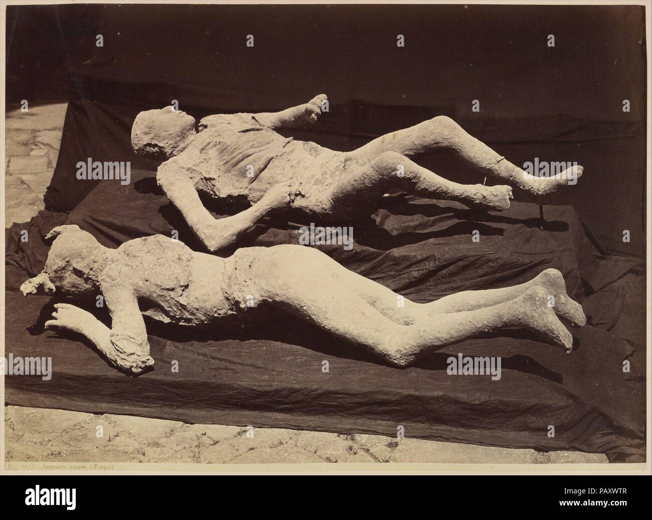 [Gipsabdrücke von Körpern, Pompeji]. Artist: Giorgio Sommer (Italienisch, geboren in Deutschland, 1834-1914). Abmessungen: Bild: 27,3 x 38,4 cm (10 3/4 x 15 1/8 in.) Blatt: 27,8 x 38,4 cm (10 15/16 x 15 1/8 in.) Mount: 47,8 x 55,8 cm (18 13/16 x 21 15/16 in.). Datum: Ca. 1875. Viel wie Fotografie behebt einen Moment in der Zeit, Der Ausbruch des Vesuv am 24. August in a.d. 79 bewahrte die Stadt Pompeji in unheimliche Detail. Faszination mit der Website begann mit seiner Grabung in der Mitte des 18. Jahrhunderts und bis heute andauert. Sommer's Studio geliefert Ansichten von Pompeji und anderen beliebten Reisezielen Stockfoto