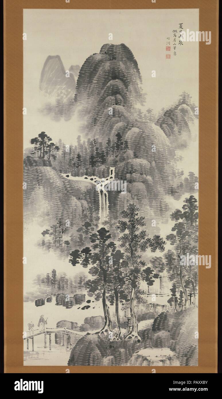 Mountain Stream an einem Sommertag. Artist: Nakabayashi Chikuto (Japanisch, 1776-1853). Kultur: Japan. Abmessungen: Bild: 69 1/2 x 34 in. (176,5 x 86,4 cm) Gesamt: 92 1/4 x 46 1/4 in. (234.3 x 117.5 cm). Datum: 19. Nakabayashi Chikuto war einer der führenden Nanga Maler in Nagoya, die viertgrößte Stadt Japans. Nach einer sorgfältigen Studium der chinesischen Alt - Gemälde aus verschiedenen Dynastien, er eine moderate persönlichen Stil mit einer naturalistischen Geschmack geschmiedet. Die Stärke der Arbeit liegt in der Chikuto der Fähigkeit, ein Gefühl für Drama innerhalb eines soliden, zentrale Komposition zu erstellen. Kleinste Details Stockfoto