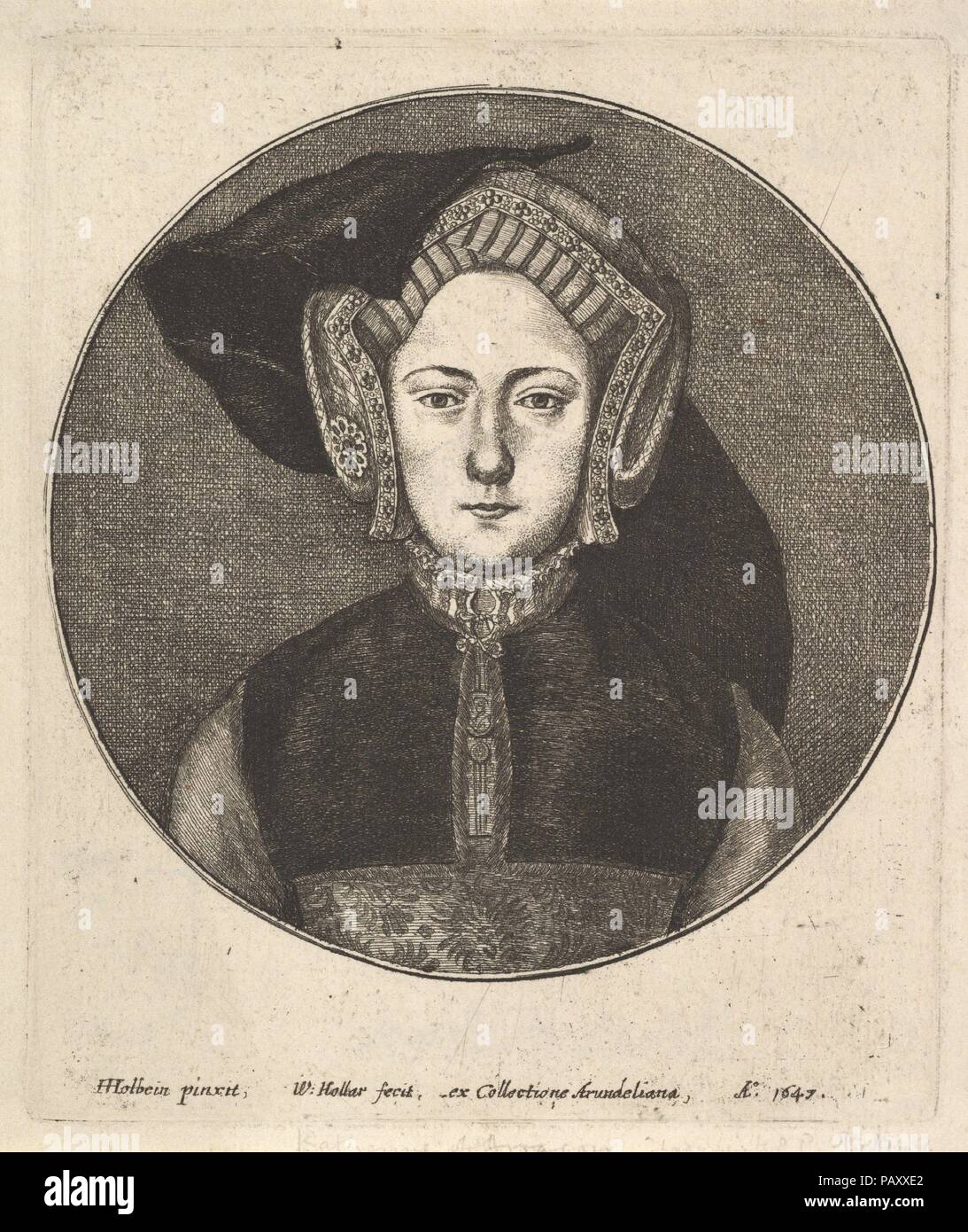 Unbekannte Frau. Artist: nach Hans Holbein der Jüngere (Deutsch, Augsburg 1497/98-1543 London). Abmessungen: Platte: 4 15/16 x 4 1/8 in. (12,5 × 10,5 cm) Blatt: 5 1/4 x 4 1/2 in. (13,4 x 11,5 cm). Plasmaätzer: Wenzel Hollar (Böhmische, Prag 1607-1677 London). Sitter: Ehemals als Katharina von Aragon, Kastilien (1485-1536). Datum: 1647. Büste länge Porträt einer Frau, die früher als Königin Katharina von Aragon. Von Hans Holbein Portrait in der Arundel Kollektion. Museum: Metropolitan Museum of Art, New York, USA. Stockfoto