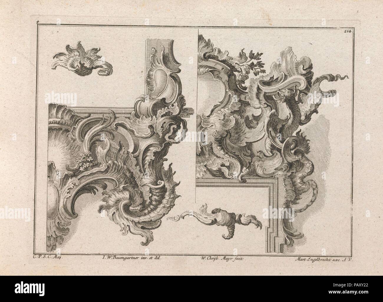 Vorschlag für die Dekoration von Unten Rechts und Oben Rechts eines Altars, Rahmen, Platte 4 aus einer unbetitelten Serie mit Rocailles Verzierungen für Altar und Türrahmen. Artist: Nach Johann Wolfgang Baumgartner (Deutsch, Kufstein 1712-1761 Augsburg). Abmessungen: Insgesamt: 8 7/16 x 13 3/4 in. (21,5 × 35 cm). Engraver: Wolffgang Christoph Mayr (Deutsch, aktive Kassel und Augsburg (?), Ca. 1740-1770). Herausgeber: Martin Engelbrecht (Deutsch, Augsburg 1684-1756 Augsburg). Datum: gedruckt werden kann. 1750-56. Seite von einem Album mit 27 Serien mit insgesamt 122 ornament Drucke aus den Fonds der prominenten Augs Stockfoto