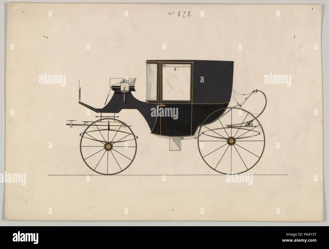 Design für Coupé, nein. 878. Maße: Blatt: 6 x 8 13/16-in. (15,2 x 22,4 cm). Hersteller: Brewster & Co (American, New York). Datum: 1850-1870. Brewster & Unternehmen Geschichte Gegründet 1810 von James Brewster (1788-1866) in New Haven, Connecticut, Brewster&Company, bei der Herstellung von feinen Wagen spezialisiert. Der Gründer eröffnet Showroom in New York 1827 am 53-54 Broad Street, und das Unternehmen unter Generationen der Familie Führung blühte. Expansion erforderte bewegt sich rund um Manhattan, mit Namen Änderungen betreffen, die die Schichten von Management - James Brewster & Söhne bei 25 C betrieben Stockfoto