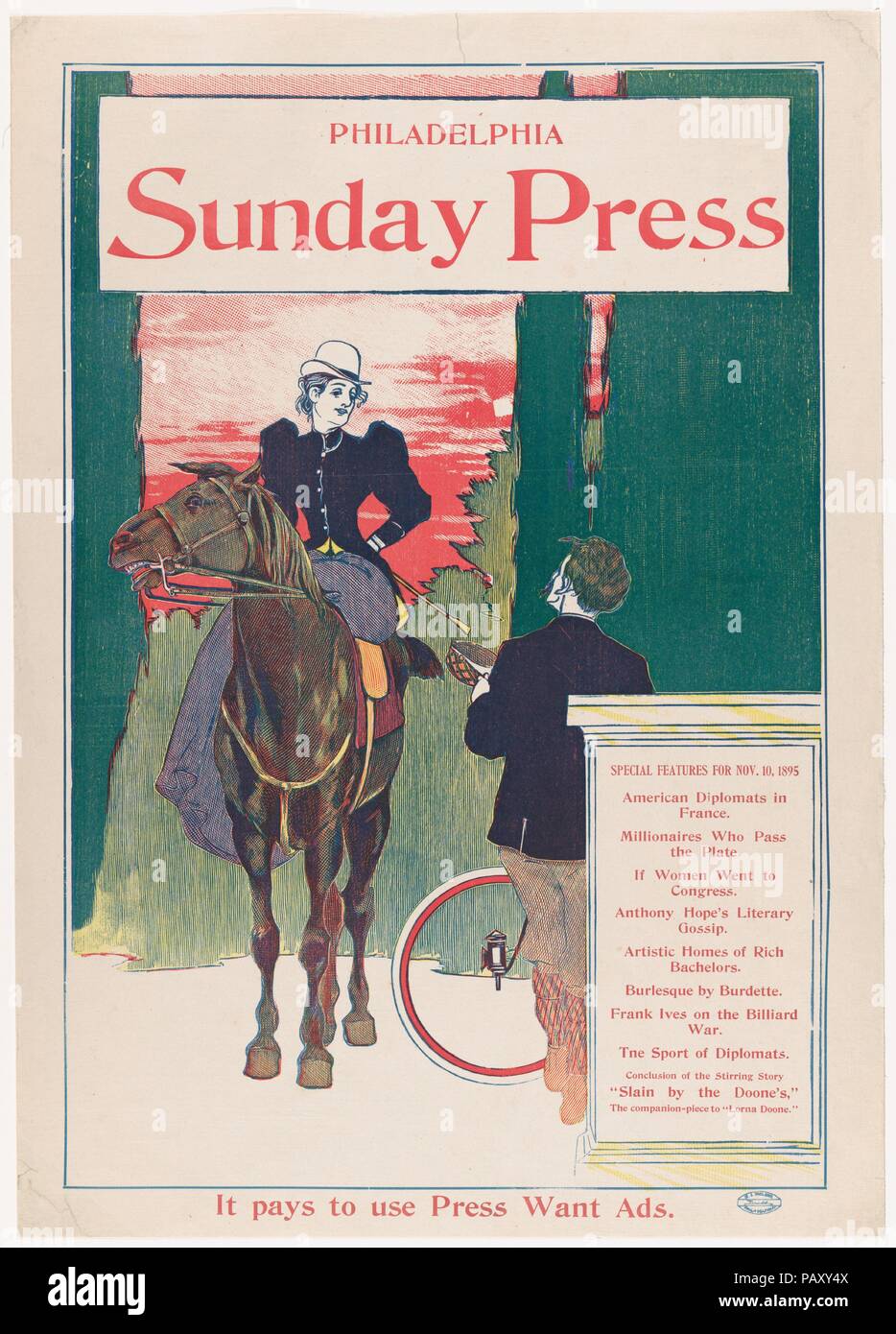 Philadelphia Sonntag Presse: am 10. November. Artist: George Reiter Brill (Amerikanische, Pittsburgh, Pennsylvania 1867-1918 Florida). Maße: Blatt: 21 7/8 x 15 1/2 in. (55,6 × 39,4 cm) Bild: 20 1/16 × 13 11/16 in. (51 × 34,7 cm). Datum: 1895. Museum: Metropolitan Museum of Art, New York, USA. Stockfoto