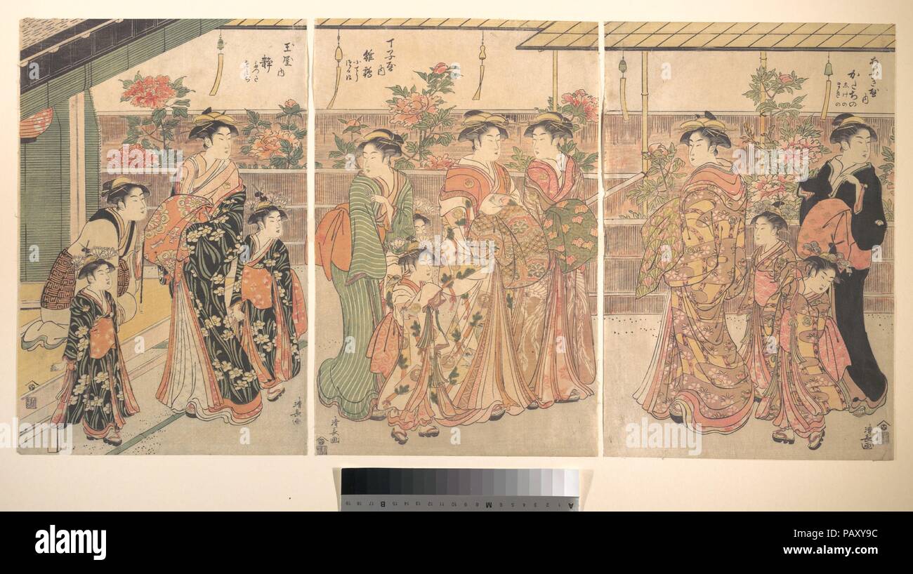 Die Päonie zeigen. Artist: Torii Kiyonaga (Japanisch, 1752-1815). Kultur: Japan. Abmessungen: Jedes Blatt: 15 x 10 in. (38,1 x 25,4 cm). Datum: Ca. 1790. Museum: Metropolitan Museum of Art, New York, USA. Stockfoto