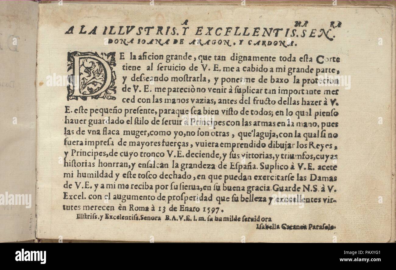 Studio delle wirbelnden Rondothema fort, Dame, Seite 2 (Vorderseite). Designer: Isabella Catanea Parasole (Italienisch, Ca. 1565/70 - Ca. 1625). Abmessungen: Insgesamt: 5 1/2 x 8 1/16 in. (14 x 20,5 cm). Herausgeber: Antonio Fachetti, Rom. Datum: 1597. Von Isabella Catanea Parasole, Italienisch konzipiert, Ca. 1575-ca. 1625 von Antonio Fachetti, Rom veröffentlicht. Engagement Seite in Spanisch, in schwarz, mit dekorativen Holzschnitt-initiale 'D' gedruckt. Museum: Metropolitan Museum of Art, New York, USA. Stockfoto