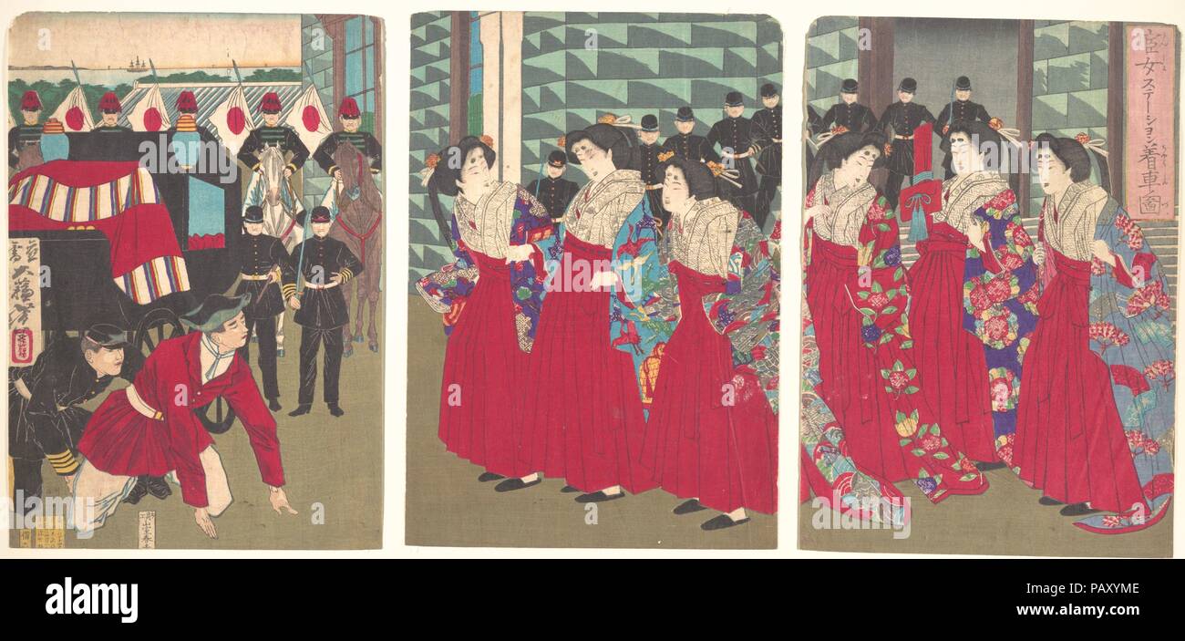 Abbildung: hofdamen Boarding an einem Bahnhof (Kanjo suteshon chakusha zu). Artist: Tsukioka Yoshitoshi (Japanisch, 1839-1892). Kultur: Japan. Abmessungen: 13 5/8 x 27 3/4 in. (34,6 x 70,5 cm). Datum: 1879. Museum: Metropolitan Museum of Art, New York, USA. Stockfoto