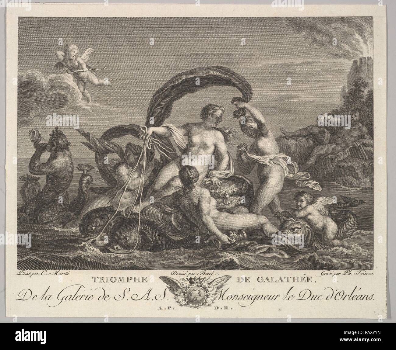 Der Triumph der Galatea. Künstler: Philippe Trière (Französisch, Paris 1756-1815 Paris); nach Carlo Maratti (Italienisch, Camerano 1625-1713 Rom). Maße: Blatt: 7 5/16 x 8 3/8 in. (18,5 x 21,2 cm) Platte: 5 7/8 x 8 3/16 in. (14,9 x 20,8 cm). Verfasser der Stellungnahme: Antoine Borel (Französisch, Paris 1743 - nach 1810). Serie/Portfolio: 18. Jahrhundert Gravuren Scrapbook. Museum: Metropolitan Museum of Art, New York, USA. Stockfoto