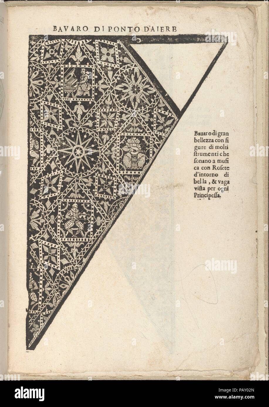 Ornamento Nobile... Fatta da Lucretia Romana (Libro V des Corona), Seite 11 (recto). Autor: Cesare Vecellio (Italienisch, Pieve di Cadore 1521-1601 Venedig). Abmessungen: Insgesamt: 12 3/16 x 8 1/4 in. (31 x 21 cm). Herausgeber: Alessandro De' Vecchi (Italienisch, aktive Venedig, 1570-1629). Datum: 1620. Von Cesare Vecellio, Italienisch, Pieve di Cadore 1521-1601 Venedig, veröffentlicht von Alessandro De' Vecchi geschrieben. Von oben nach unten und von links nach rechts: Design ist in der Form eines Dreiecks mit der oberen rechten Ecke leer gelassen. Es ist mit einem Muster von Diamanten mit einem Bild der Abbildung der Wiedergabe eines d eingerichtet Stockfoto