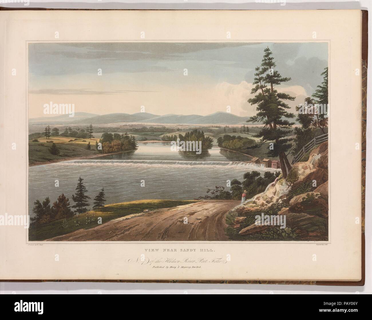 Anzeigen in der Nähe von sandigen Hügel (Nr. 7 Der Hudson River Portfolio). Artist: nach William Guy Wand (Irland, Dublin 1792 - nach 1864 Irland (Aktiv)). Abmessungen: Bild: 14 1/16 x 20 3/16 in. (35,7 x 51,3 cm) Blatt: 19 x 24 cm. (48,3 x 62,2 cm). Plasmaätzer: John Hill (Us (England), London 1770-1850 Clarksville, New York). Herausgeber: Henry J. Megarey (American, 1818-1845 New York). Serie/Portfolio: die Hudson River Portfolio. Datum: 1822-23. Sandy Hill (jetzt Hudson Falls), liegt am Ostufer des Flusses drei Meilen unterhalb Glens Falls [siehe 54.90.1274 (6)]. Der begleitende Text betont Stockfoto