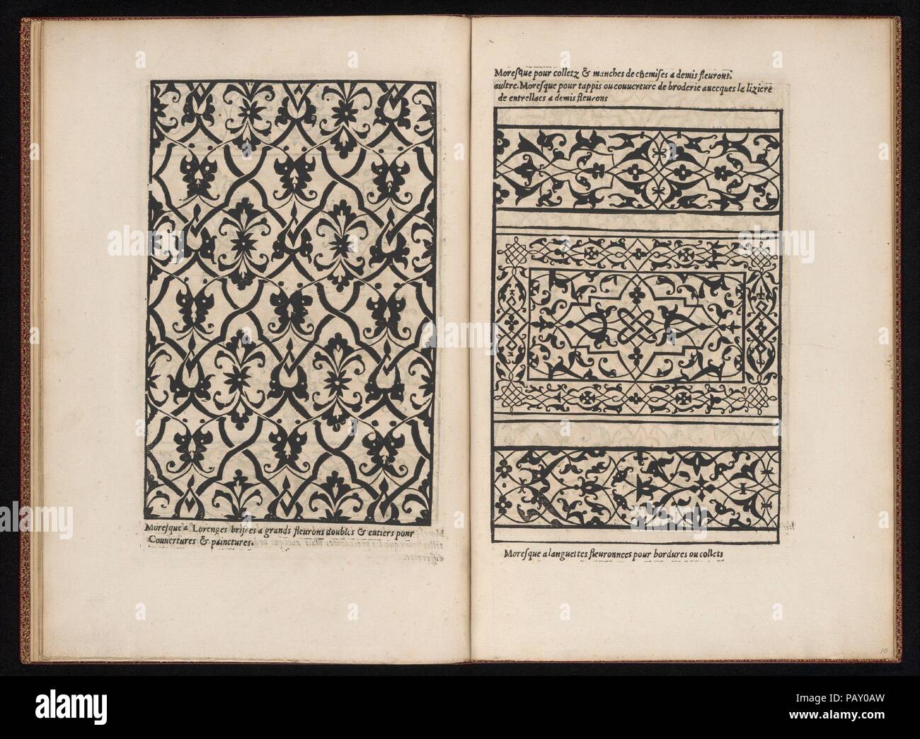 Livre de Moresques. Artist: Francesco di Pellegrino (Italienisch, geboren in Florenz, gestorben 1552). Abmessungen: Insgesamt: 12 x 8 5/16 x 1/4 in. (30,5 x 21,1 x 0,7 cm). Erschienen in: Paris. Herausgeber: durch Hiérosme de Gormont veröffentlicht; zuvor veröffentlicht von Cornelis Bos (Niederländischen, Herzogenbusch Ca. 1510 - vor 1566 Groningen). Datum: 1546. Dieses Buch von moresques reproduziert Entwürfen des italienischen Künstlers Francesco Pellegrino, erstmals in Buchform veröffentlicht, die der Künstler in Paris im Jahre 1530 unter dem Titel La Fleur de la Science de Pourtraicture. Es gilt als die erste ausführliche Publikation einzuführen Stockfoto