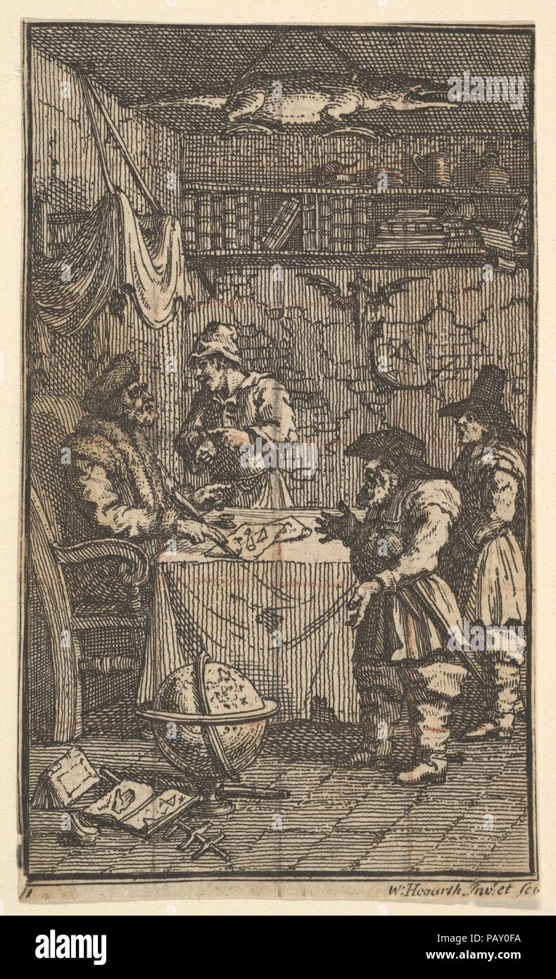 Hudibras besuchen Sidrophel (17 kleine Illustrationen für Samuel Butlers Hudibras, nein. 11). Künstler: William Hogarth (Briten, London 1697-1764 London). Thema: Veranschaulicht Samuel Butler (Briten, getauft Strensham, Worcestershire, 1613-1680 Covent Garden). Maße: Blatt: 4 1/4 x 2 11/16 in. (10,8 x 6,9 cm) (getrimmt). Datum: 1721-26. Museum: Metropolitan Museum of Art, New York, USA. Stockfoto